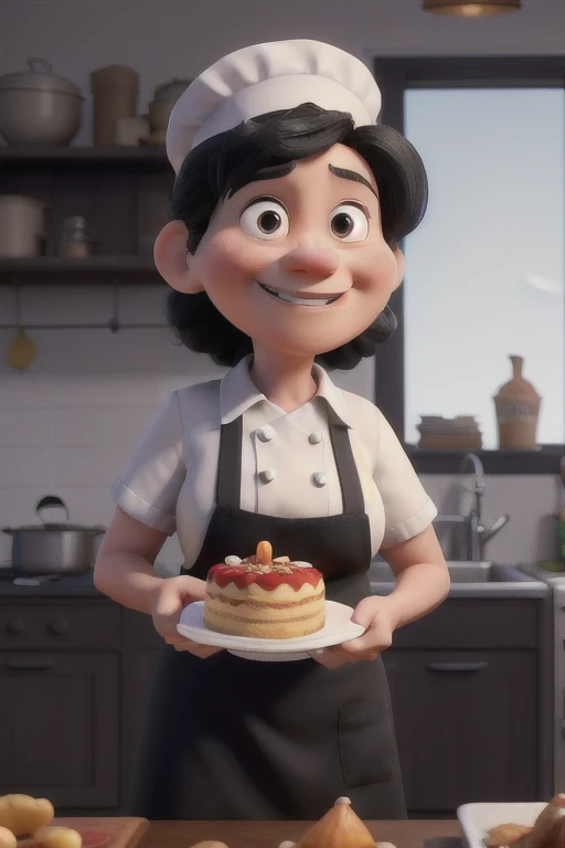 Make a 3D pixar-style drawing of a cook with white skin, fat, black eyes, tied up hair, wearing a chef's cap and wearing a domã. She is 58 years old, has black hair and is smiling. She holds a birthday cake in her hands. In the background of the image, a kitchen