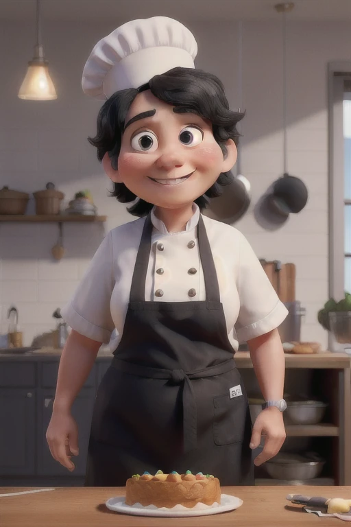 Make a 3D pixar-style drawing of a cook with white skin, fat, black eyes, tied up hair, wearing a chef's cap and wearing a domã. She is 58 years old, has black hair and is smiling. She holds a birthday cake in her hands. In the background of the image, a kitchen