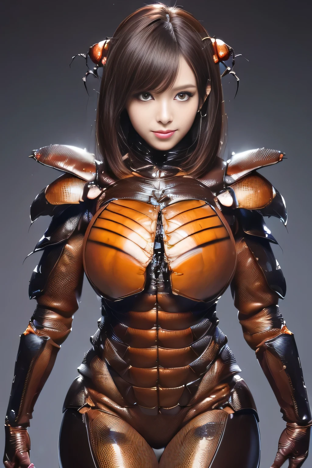 (high resolution,masterpiece,best quality,extremely detailed CG, anime, official art:1.4), realistic, photo, amazing fine details, all intricate, gloss and shiny,awesome many layers, 8k wall paper, 3d, sketch, kawaii, illustration,( solo:1.4), perfect female proportion,villainess, (fusion of dark brown cockroach and lady:1.4), (brown cockroach form lady:1.2), (brown cockroach lady:1.2), (fusion:1.2), (solo:1.4), (evil smile:1.2), muscular, abs, (cockroach brown exoskeleton bio insect suit:1.4), (cockroach brown exoskeleton bio insect armor:1.2), (brown transparency cockroach wing:1.4), (brown cockroach antennae:1.3),