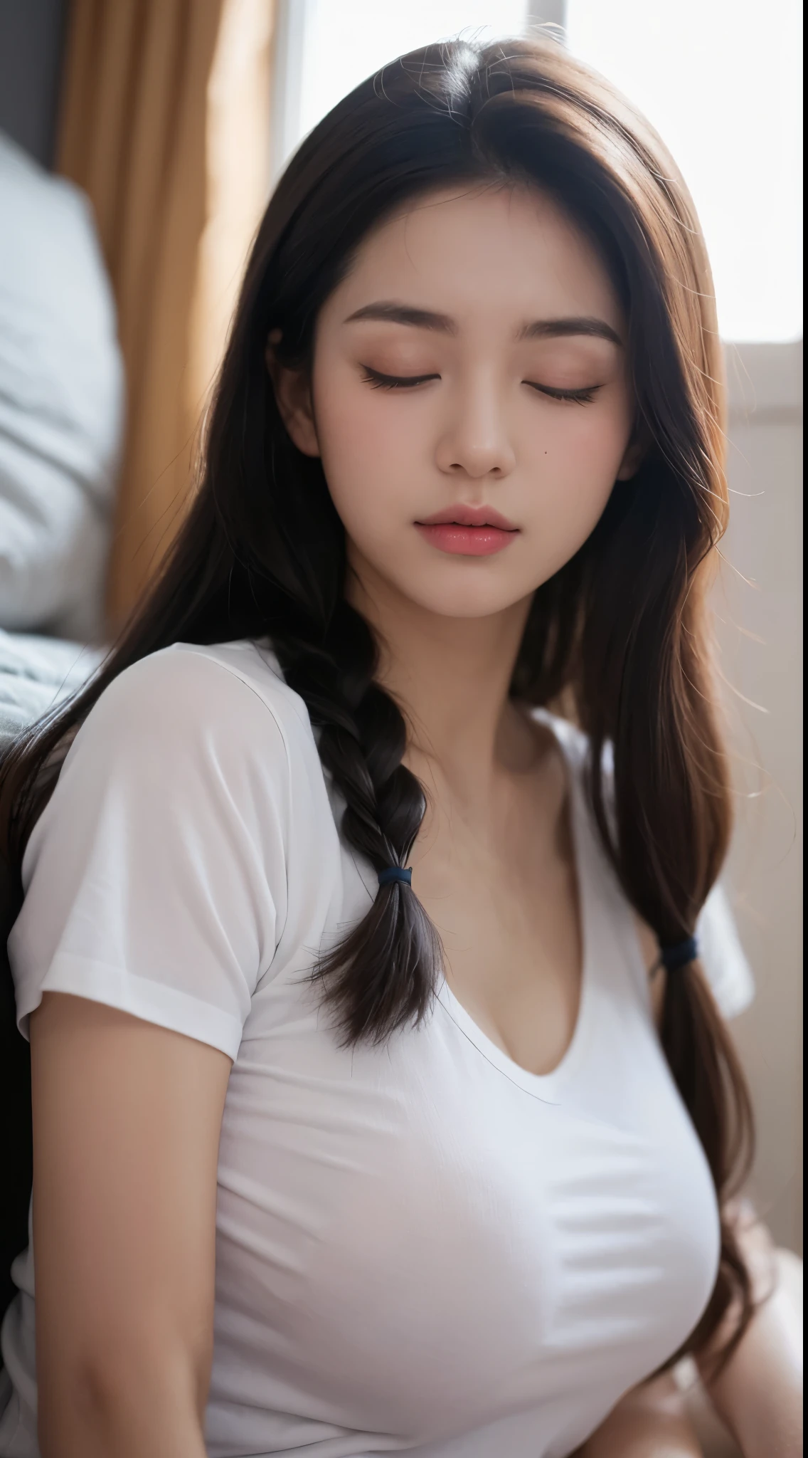 (pencil_sketch:1.2, Messy lines, Grayscale, traditional media, sketch),1 girl black and white,big bed, (Side-lying), (Close your eyes:1.8),Long hair, Side braids, Nipple protrusion,Huge breasts, Oversized white T-shirt, close up, Look, The sun shines on the chest, Beautiful details girl, Clear details, Surrealism, Japanese cartoons, About Art, Ultra HD, Anatomically correct, Super Detail, best quality,(Pink lips),(Red Eyeshadow),
