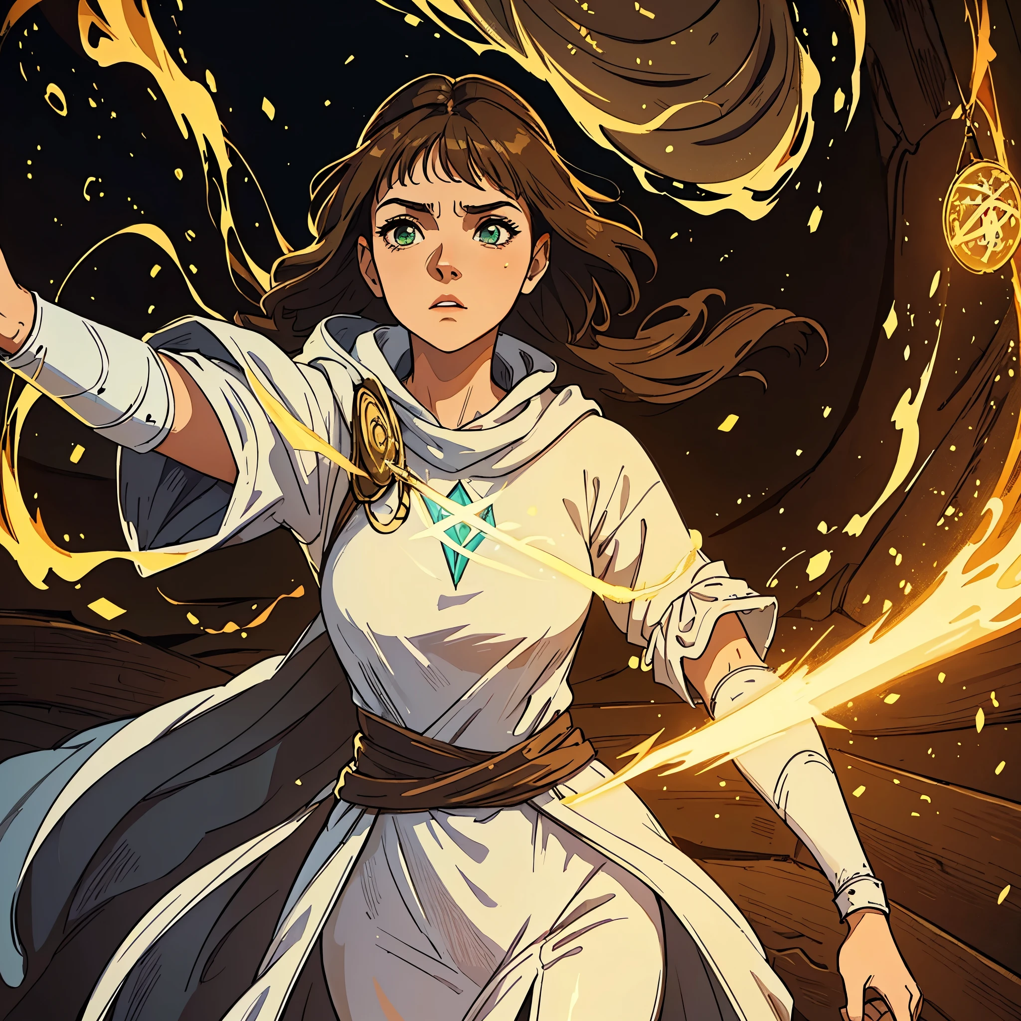 A beautiful woman with green eyes and brown hair is a sorceress Wizard dressed in white and gold robes Noble robes A princess of magic and a tired look ((gritando furiosa)), it's rubber. ((corado)) dramatic wooden wallpaper An art for an RPG A medieval art for an RPG