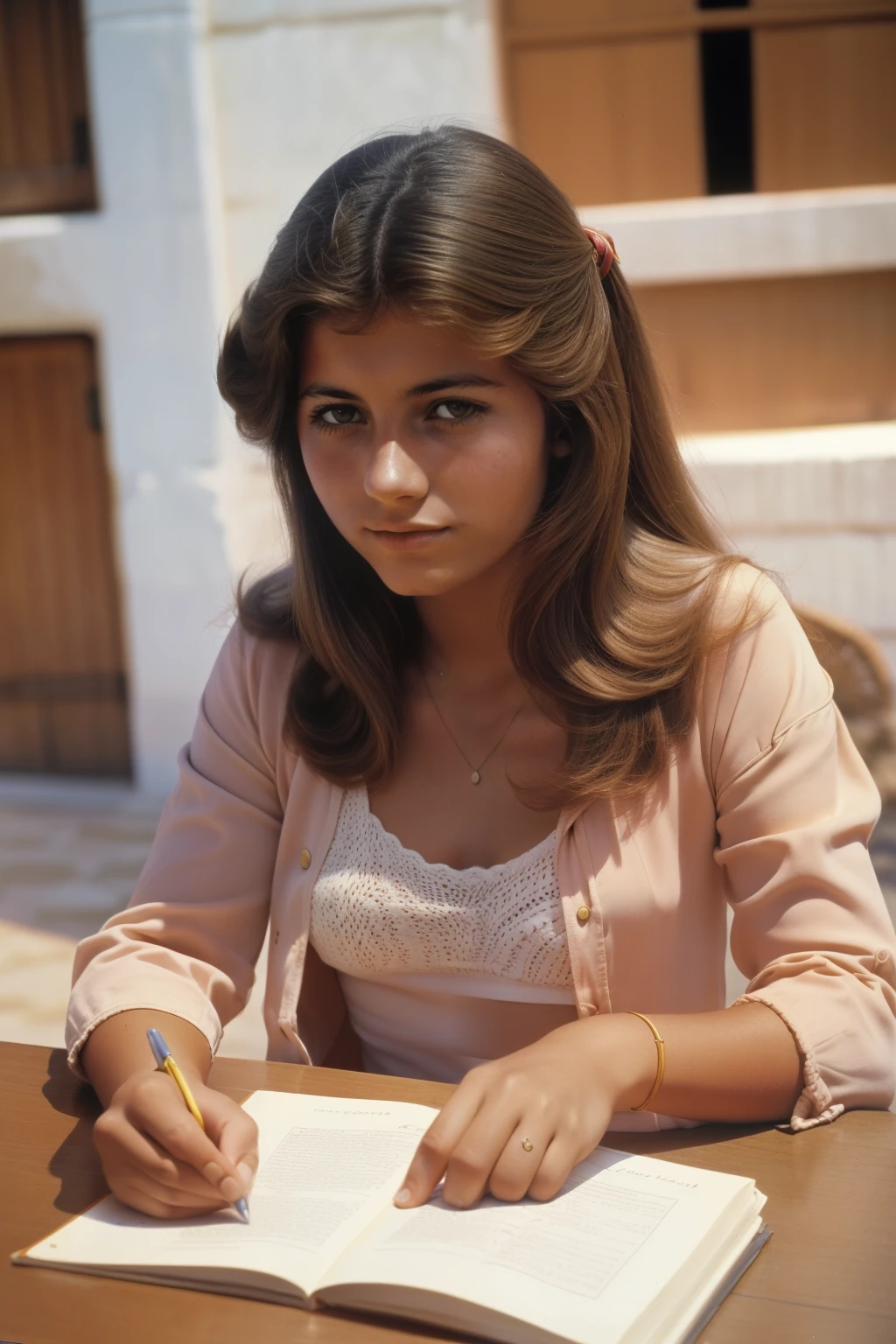 Tharsis, Spain, 1979. A young ((((17-year-old)) Carmela Estévez)), writing a novel, ((((summer clothings from the 1970s)))), ((hairstyle of the 1970s)), colorful