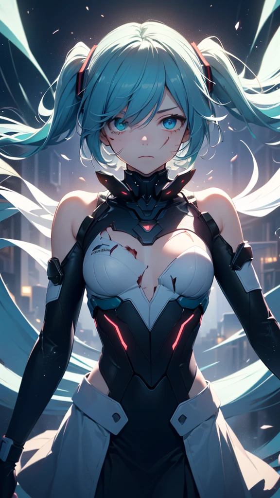 high quality、Best image quality、masterpiece、Hatsune Miku VOCALOID, Twin tails、Android Girl((16 years old, Glowing black cyber suit, Red and white、Blue energy source on chest,Best Bust、Bust 90、Light blue bright hair、Long Hair,Cyber Skirt、Turquoise eyes、Open your chest wide、valley、happiness、Slender、Mysterious Face、floating in the air,Particles of light、Sharp clawed arms,Wounded Body、middle、Glowing Eyes、Reach out)）high quality、Beautiful art、background((Mysterious、Fantastic Universe))、Tabletop、Exquisite design、Visual Arts、Feature films
