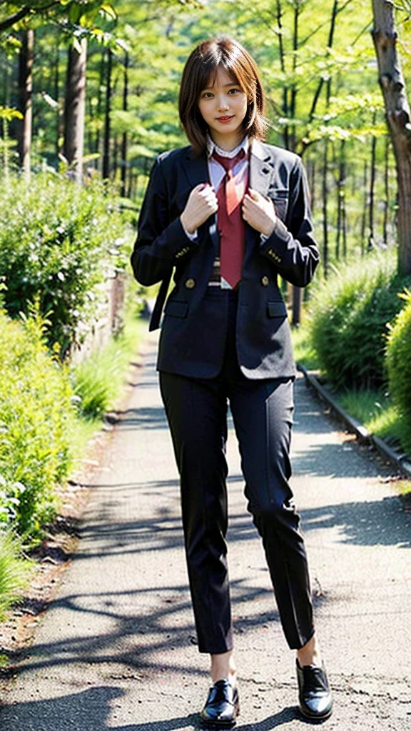 (8k、RAW Photos、highest quality、masterpiece:1.2)、(Realistic、Realistic)、1 girl、((Large black suit、Red tie、Wide Stride、Bow-legged、Touching the chest、Knead、smile、Medium Hair、View from the front、in the forest、Are standing))、Lots of eyelashes、Glowing eyelids、skeletally correct