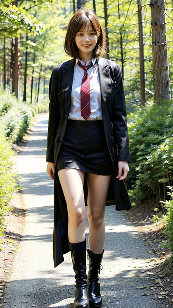 (8k、RAW Photos、highest quality、masterpiece:1.2)、(Realistic、Realistic)、1 girl、((Large black suit、Red tie、Wide Stride、Bow-legged、Touching the chest、Knead、smile、Medium Hair、View from the front、in the forest、Are standing))、Lots of eyelashes、Glowing eyelids、skeletally correct