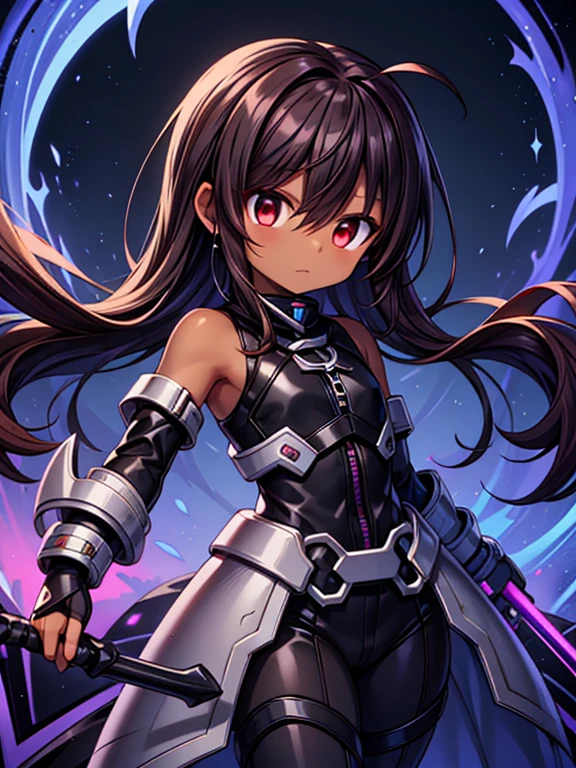 Magical girl lyrical nanoha armour, Masterpiece High res, high definition, (((dark skin tone))),dark skin male, dark skin, cute shota,red eyes, black hairpin, brown hair, medium dark brown hair,wearing a black exoskeleton, detached sleeves, black armoured Gauntlets, black tech jacket, black bodysuit,black exoskeleton, black fingerless gloves, blue gems,