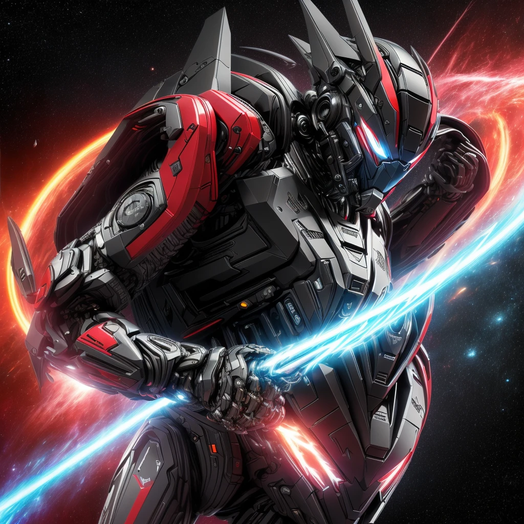(((Awesome))) (((detailed))) (floating)cool humanoid cat, cool dangerous galaxy humanoid cat, humanoid cat, red sharp eyes, evil smirk, cool, furry cat, mystical powers surrounding him, mysthic, mystical, glorious, dangerous, red black white clothes, determined dangerous eyes, floating in the space, dark red Galactic space, cool space jacket, robotic gloves with electric from the circuits flowing out, sci-fi gun in one hand, gas-mask.