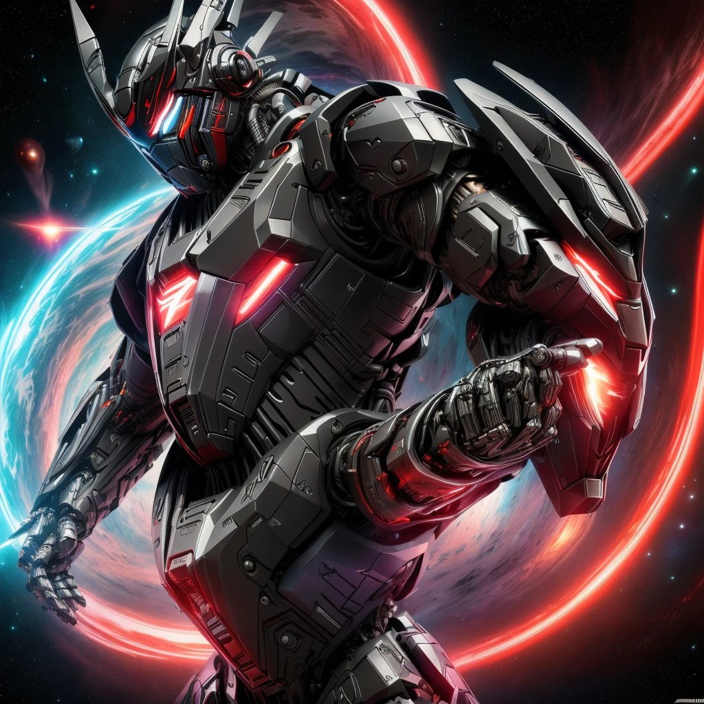 (((Awesome))) (((detailed))) (floating)cool humanoid cat, cool dangerous galaxy humanoid cat, humanoid cat, red sharp eyes, evil smirk, cool, furry cat, mystical powers surrounding him, mysthic, mystical, glorious, dangerous, red black white clothes, determined dangerous eyes, floating in the space, dark red Galactic space, cool space jacket, robotic gloves with electric from the circuits flowing out, sci-fi gun in one hand, gas-mask.