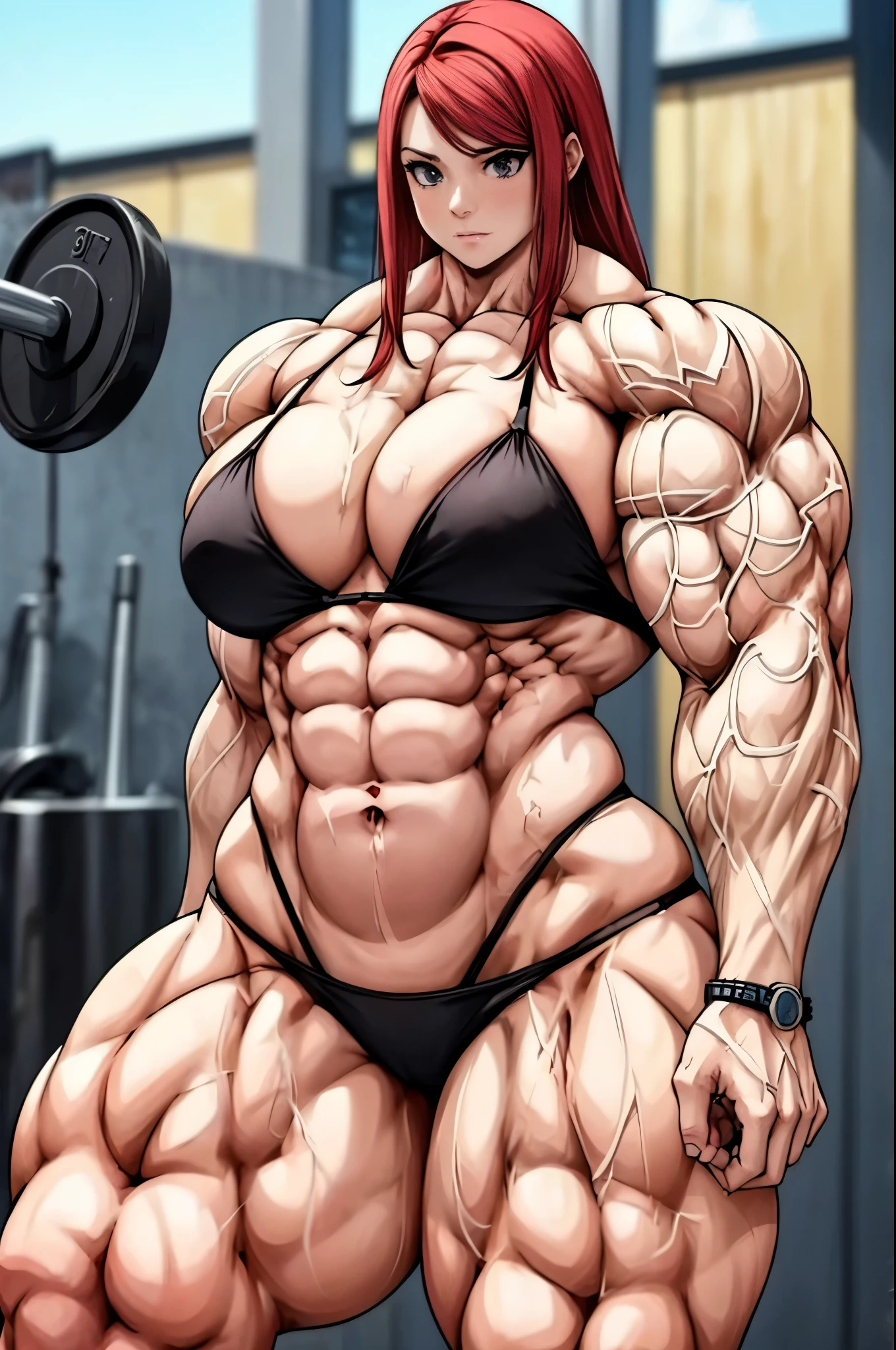 masterpiece, 4k, portrait, cowboy shot, (PLAYGROUND BACKGROUND), professional artwork, intricate details, colorful, digital blending, (ultra detailed body, ultra detail hair, ultra detail face), trending on pixiv, kind of anger, best quality, anime style: 1.9, 1girl, hires, Uzamaki Kushina, ( milf, pale skin, (extra large breasts), long hair, ((black bikini)), ((navel, belly button), slender body, slender belly, bracelet, red hair, shuted mouth, big eyes), anger, beach, wind, floating hair, detailed arms, off-shoulders, broad shoulders, (((both) hands spreading to both sides)), fancy couch, relaxing, laying, talking, looking at the viewer))), (((flexing))), (((ultra detailed arms)))). (((curvy: 1.2))),muscular,female,bodybuilder,strong,toned physique,ripped muscles,lean body,fitness enthusiast,empowered,confident,posing on the stage,determined expression,fierce competition,bulging biceps,sweat dripping,veins popping,athletic physique,intense workout sessions,strong legs,bulky shoulders,disciplined lifestyle,dedicated training regimen,fitness inspiration,endurance,unstoppable force,barbell,weights,exercise equipment,stamina,perseverance,sculpted arms,powerful presence,fitness model,athleticism,competition preparation,high-intensity training,competition stage,striking physique,mental fortitude,motivation,hard work,persistence,inspiring,admired by others