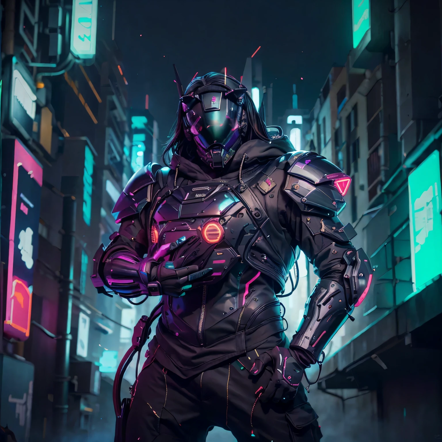 (parte mestre, tiro de corpo inteiro, Fighting position, intrincada fotografia crua, homem) angry expression, olhar enfurecido, cabelo preto, wearing futuristic black templar clothes, detalhes em neon dourado, roupas estilo cyberpunk, templar cross on jacket, segurando uma espada vermelha, espara apoiada no ombro, black templar armor, detalhes dourados na armadura, Battle position, noite, cidade futurista ao fundo, luzes de neon roxo, outdoors em neon verde, rua movimentada, little mist.