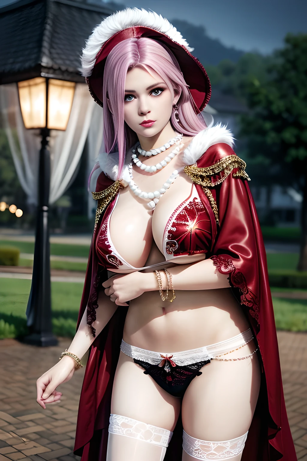1 girl,lean over ,(Wearing underwear:1.2) ,(Wearing Jewel:1.2) ,( red lace_cloak:1.3),(Fluffs ),(pearl bodychain:1.3),mesh pantyhose,outdoor,elegant,nighttime,moonlighe,shiny skin,( huge breasts), lip gloss,tattoos, masterpiece, best quality, realistic ,Surrealism,natural colors art in 8k,soft shadows,High-definition RAW color photos professional portrait photos,solo, elise,