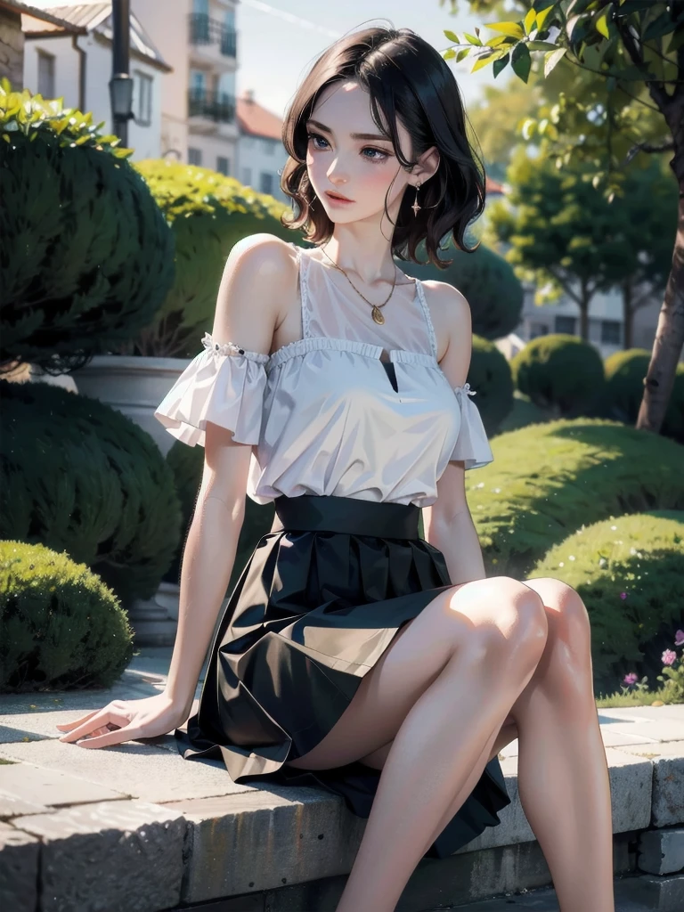 absurdres, RAW photo, extremely delicate and beautiful, masterpiece, Best Quality, ultra high resolution, 32k, hyperrealistic, ultra-detailed, detailed description, pale skin, 20 years old, detailed beautiful face and eyes, tearful mole, earring, Colossal tits, short medium hair, wavy hair, full body shot, alone, shirt, skirt, bare legs, bare shoulder,