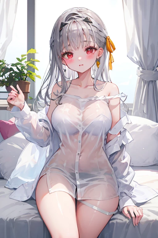 (masterpiece, top quality, best quality, official art, beautiful and aesthetic:1.2), photorealisim、top-quality、超A high resolution、a picture、Photo of an exquisitely beautiful Nordic-born girl、Extraordinary beautiful girl、Highlights of cheek luster、Detailed cute and beautiful face、Beautiful bangs、shinny skin 、shiny beautiful bright hair、Silky hair、finer hair、High-definition eyes、perfectbody, Bright and clear, Eyes shine attractively、eye liner、Double eyelids、Lush bust、Full body like、dismay、red blust、glares、Shiny little earrings and necklaces、neat clothes、Dressing、Stockings、Drenched in sweat、18year old, Neat and clean woman, silver-white hair、red-orange eyes, office wear