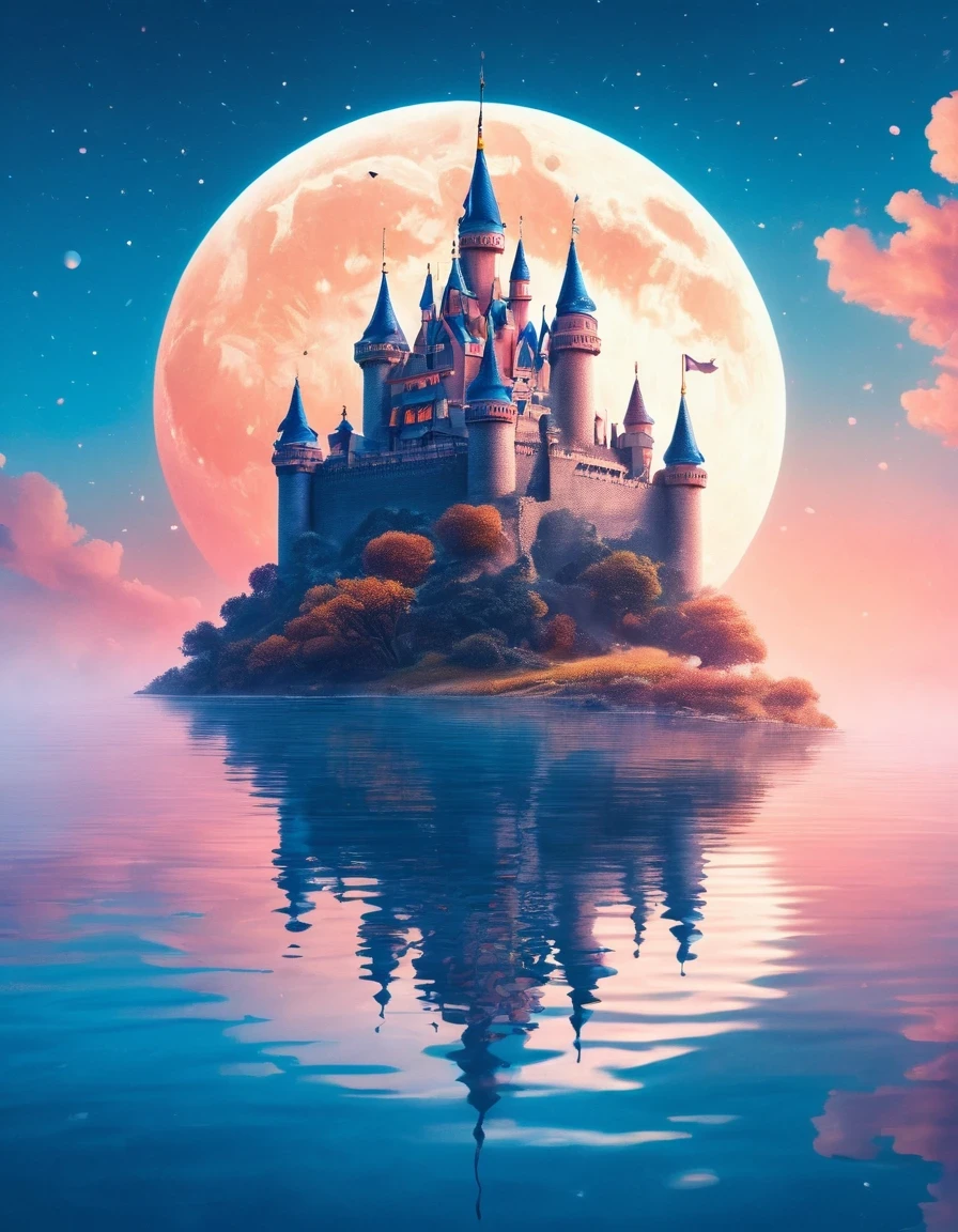 Dream Castle/Dream Castle，Blue Moon，Fairy sitting in pink Dream Castle，Dream Castle and mirror reflections of trees and water，Surrealism，Clean background，cinema4d rendering style，High-resolution photography，Dreams，
