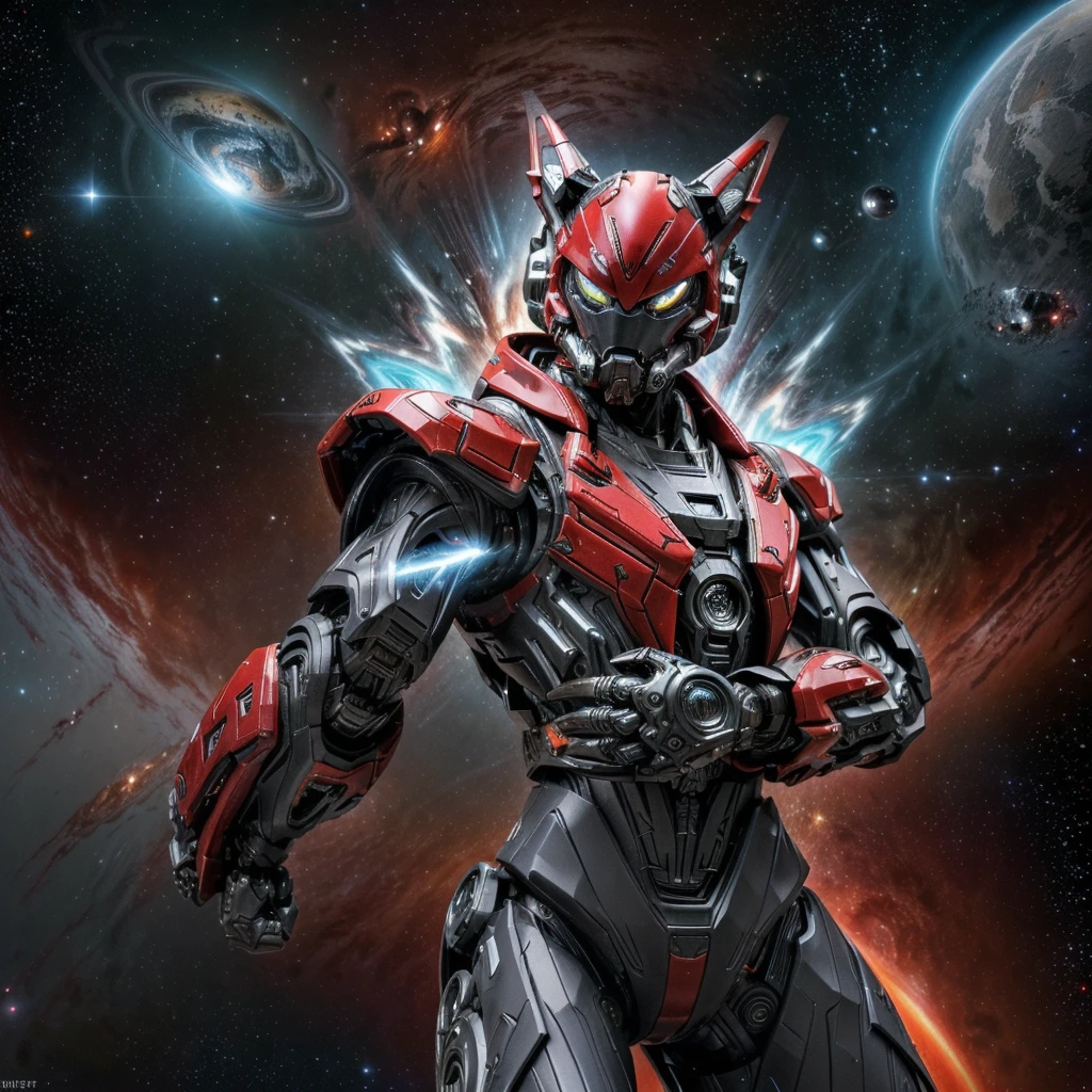 (((Awesome))) (((detailed))) (floating)cool humanoid cat, cool dangerous galaxy humanoid cat, humanoid cat, red sharp eyes, evil smirk, cool, furry cat, mystical powers surrounding him, mysthic, mystical, glorious, dangerous, red black white clothes, determined dangerous eyes, floating in the space, dark red Galactic space, cool space jacket, robotic gloves with electric from the circuits flowing out, sci-fi gun in one hand, gas-mask.