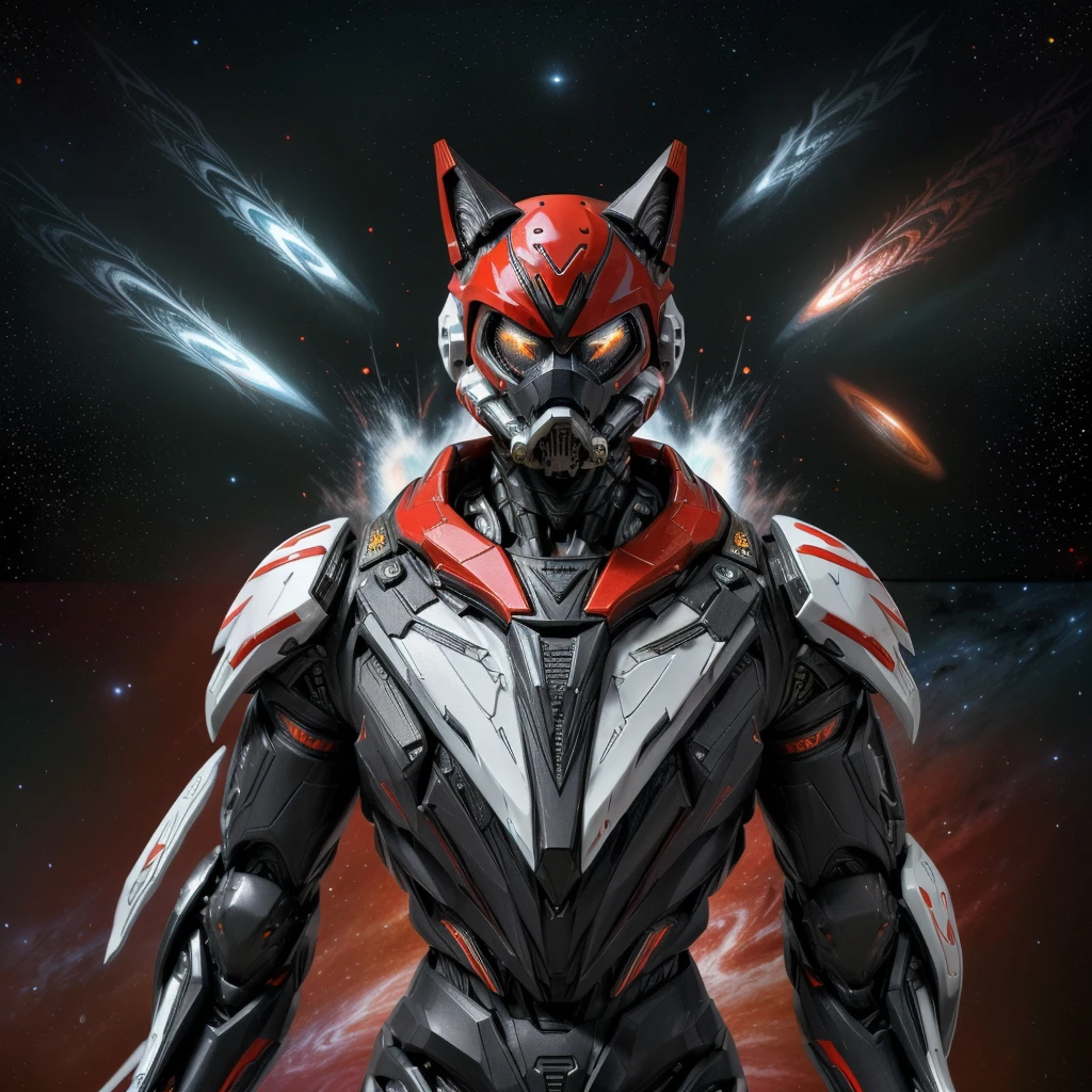 (((Awesome))) (((detailed))) (floating)cool humanoid cat, cool dangerous galaxy humanoid cat, humanoid cat, red sharp eyes, evil smirk, cool, furry cat, mystical powers surrounding him, mysthic, mystical, glorious, dangerous, red black white clothes, determined dangerous eyes, floating in the space, dark red Galactic space, cool space jacket, robotic gloves with electric from the circuits flowing out, sci-fi gun in one hand, gas-mask.