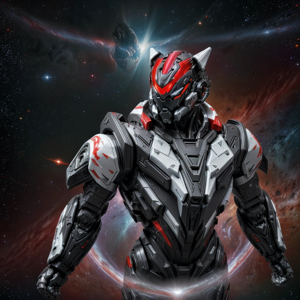 (((Awesome))) (((detailed))) (floating)cool humanoid cat, cool dangerous galaxy humanoid cat, humanoid cat, red sharp eyes, evil smirk, cool, furry cat, mystical powers surrounding him, mysthic, mystical, glorious, dangerous, red black white clothes, determined dangerous eyes, floating in the space, dark red Galactic space, cool space jacket, robotic gloves with electric from the circuits flowing out, sci-fi gun in one hand, gas-mask.