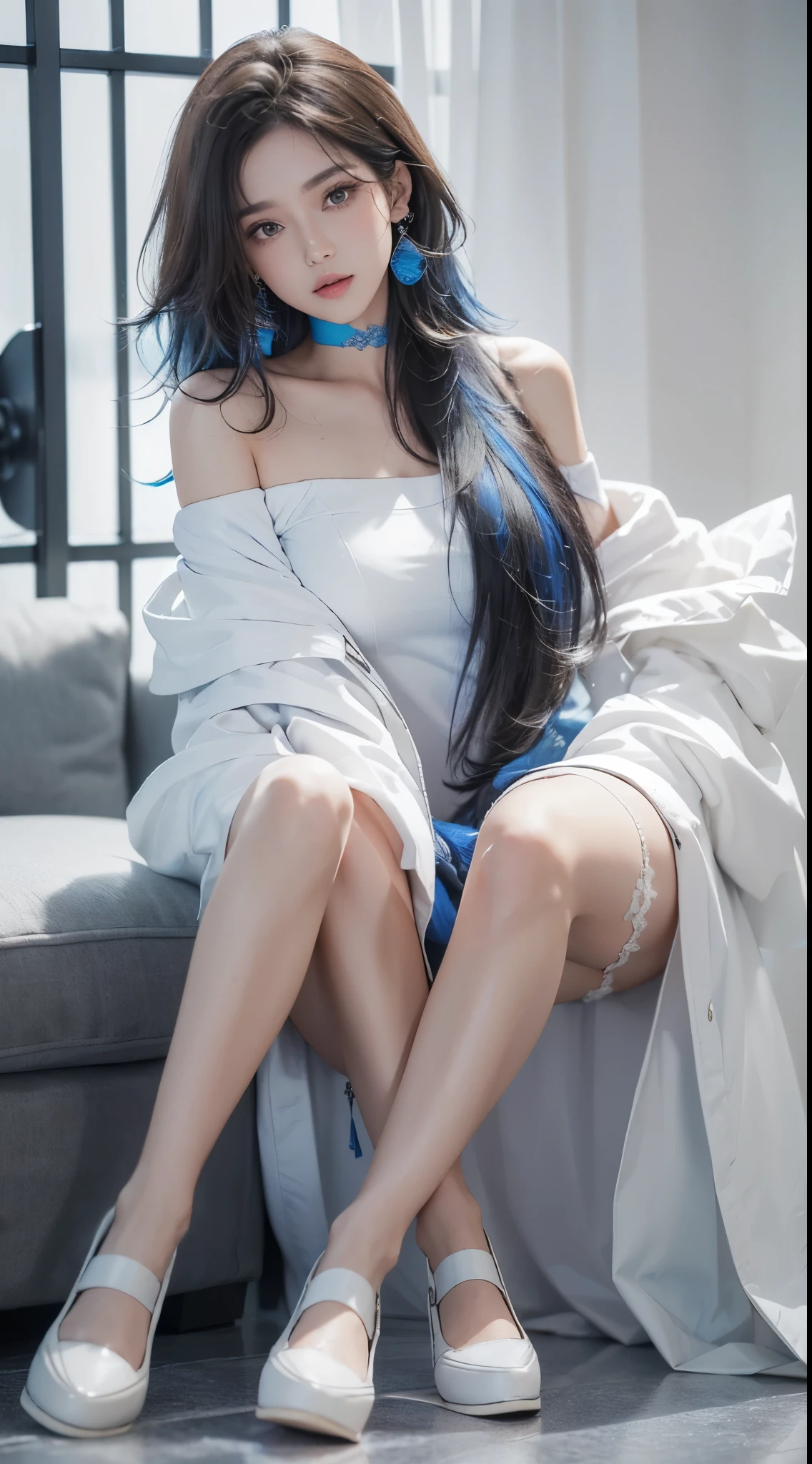 (street:1 blue-haired girl,get up,One word, one step+), masterpiece, best quality, RAW photos, Realistically, Face, Incredibly ridiculous Resourcetra Long curly brown hair around the ears),Eyeshadow,Technical clothing,(White off-the-shoulder over-the-knee dress),White off-the-shoulder long dress,(White tight flats,Depth of Field, high resolution, Super detailed, Filigree, RAWE is very detailed, 眼睛和Face部的细节非常丰富, sharp pupils, Realistic students, Lock focus, Movie Lighting,Full body female love,Large,The legs look very long from the front,dynamic poses,Normal posture,Face部特写