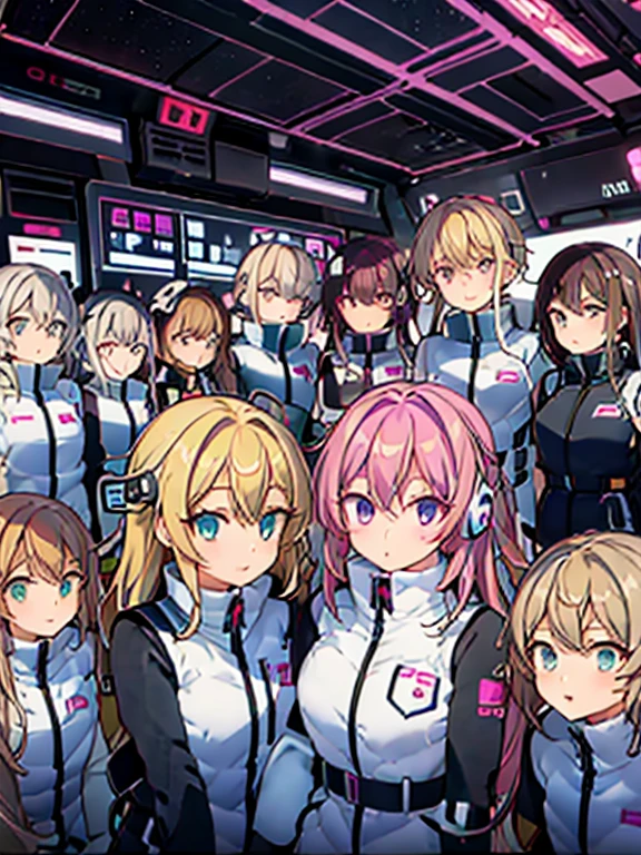 （Seven girls and one boy），（7 girls in a row）,（Brunette color hair, Black-eyed ，Blonde ，White haired red eyed ，Purple hair and heterochromatic pupils ，Pink Hair, Green Eyes, change）,(astrovest):3,headphones,Smart,futuristic space Classroom Background,BREAK inside spaceship room