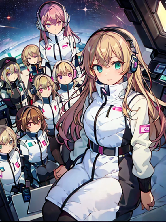 （Seven girls and one boy），（7 girls in a row）,（Brunette color hair, Black-eyed ，Blonde ，White haired red eyed ，Purple hair and heterochromatic pupils ，Pink Hair, Green Eyes, change）,(astrovest):3,headphones,Smart,futuristic space Classroom Background,BREAK inside spaceship room