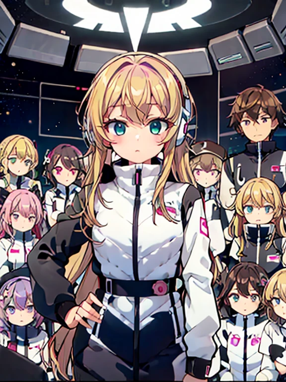 (Seven girls and one boy),(7 girls in a row),(Brunette color hair, Black-eyed ,Blonde ,White haired red eyed ,Purple hair and heterochromatic pupils ,Pink Hair, Green Eyes, change),(astrovest):3,headphones,Smart,futuristic space Classroom Background,BREAK inside spaceship room
