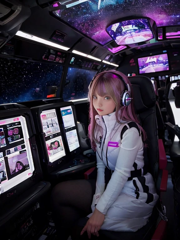 （Seven girls and one boy），（7 girls in a row）,（Brunette color hair, Black-eyed ，Blonde ，White haired red eyed ，Purple hair and heterochromatic pupils ，Pink Hair, Green Eyes, change）,(astrovest):3,headphones,Smart,futuristic space Classroom Background,BREAK inside spaceship room