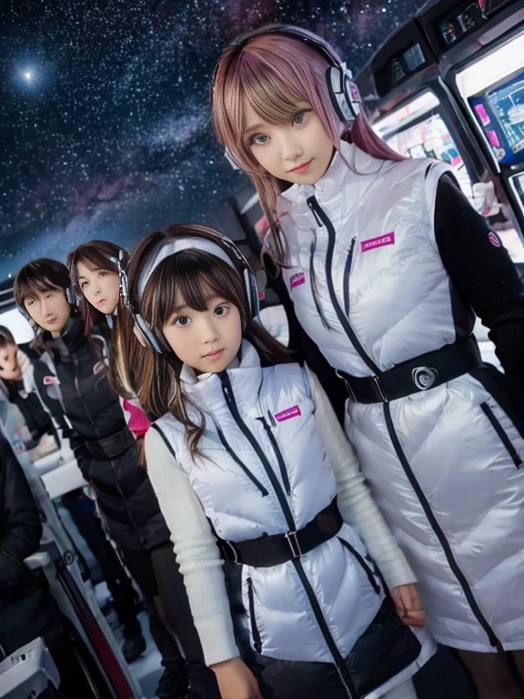 （Seven girls and one boy），（7 girls in a row）,（Brunette color hair, Black-eyed ，Blonde ，White haired red eyed ，Purple hair and heterochromatic pupils ，Pink Hair, Green Eyes, change）,(astrovest):3,headphones,Smart,futuristic space Classroom Background,BREAK inside spaceship room