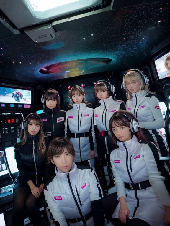 （Seven girls and one boy），（7 girls in a row）,（Brunette color hair, Black-eyed ，Blonde ，White haired red eyed ，Purple hair and heterochromatic pupils ，Pink Hair, Green Eyes, change）,(astrovest):3,headphones,Smart,futuristic space Classroom Background,BREAK inside spaceship room