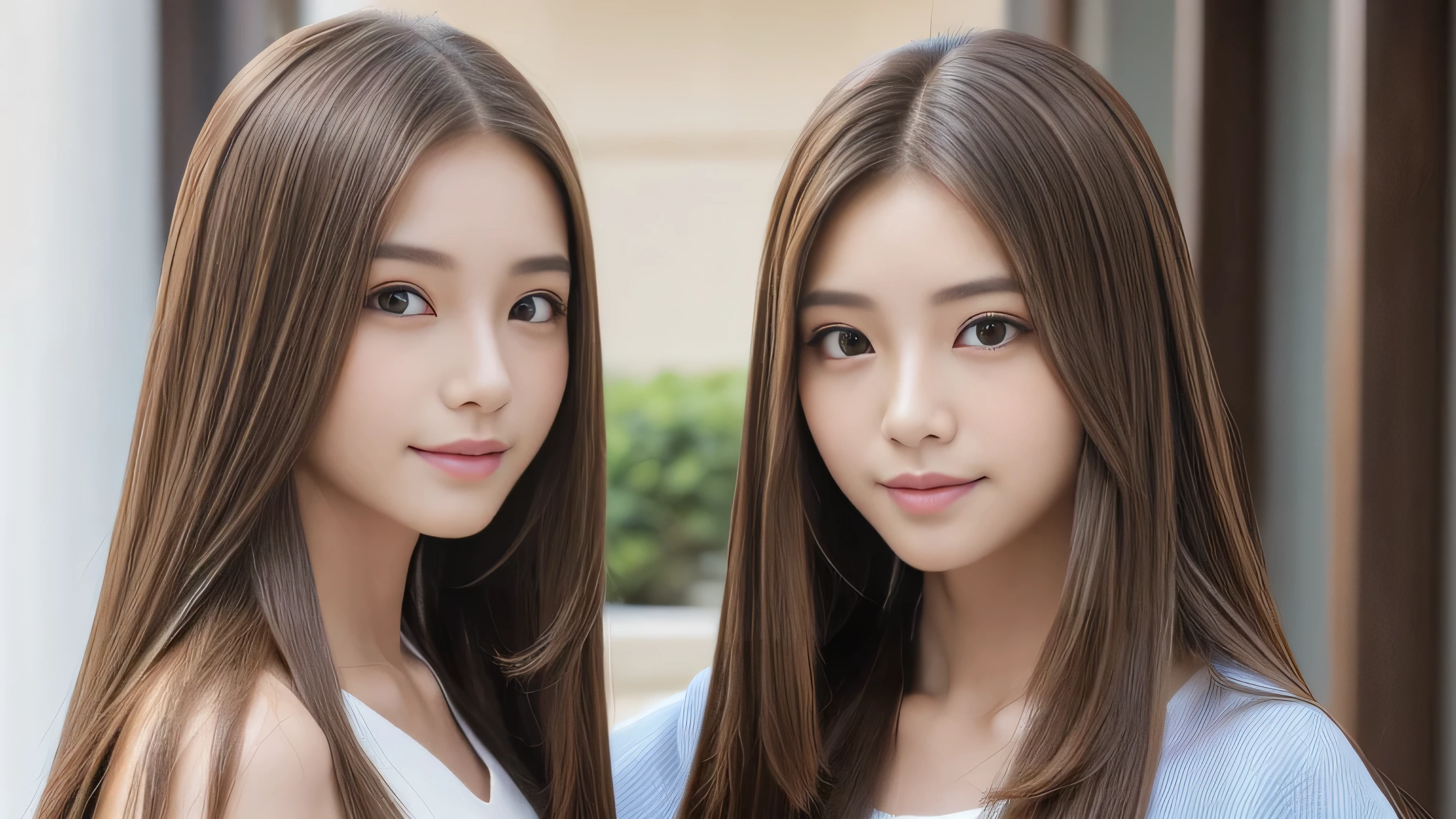 (((Identical twins standing happily facing each other　A photo of them standing from the front)))　(3women with length brown hair posing for a picture, thin and shiny hair, Ulzzang, long and straight hair of brown color,, Brown long hair, beautifulgemini portrait, Brown long hair, beautifulgemini, length Hair, Smooth Hair, Flowing brown hair, With the same hairstyle, length, Flat Hair, length brown hair, Attractive long hair, Beautiful brown hair　Two women with long brown hair posing for a photograph, Digital Art inspired by Wang Duo, tumbler, Digital Art, thin and shiny hair, Ulzzang, long and straight hair of brown color,, Brown long hair, beautifulgemini portrait, Brown long hair, beautifulgemini, length Hair, Smooth Hair, Flowing brown hair, With the same hairstyle, length, Flat Hair)　((both sides Random poses showing as much back and hair as possible:1.8))　((Both sides Beautiful 24 year old hair model with long black hair, girl with super Very long hair that reaches down to the ankles, extremely Very long hair that reaches down to the ankles, Very long hair that reaches down to the ankles,Very long hair that reaches down to the ankles , Flowing Hair, very Very long hair that reaches down to the ankles, Very long hair that reaches down to the anklesgirl,Very long hair that reaches down to the ankles , flowing light brown hair, length Hair windy, Very long light brown hair, flowing light brown hair,Incredibly straight long-lasting hair, Abnormally long髪!!!!　Her highest quality!!!! hair is long and straight., very long light brown hair that reaches down to the ankles, highest quality light brown hair , , Highest quality long straightなVery long hair that reaches down to the ankles　straight, beautiful, High quality hair, Very long hair that reaches down to the ankles and highest quality straight light brown hair, straight, highest quality light brown hair, Perfect silky straight hair of the highest quality, straight, highest quality light brown hair , lengthLight brown hair straight hair, length, Thick and voluminous light brown hair　Her hair is long and straight, Very long light brown hair, Abnormally long、or very long light brown hair, very long, straight, Light brown hair that reaches down to her ankles, Abnormally very long straight, beautiful hair of the highest quality, length Hair, length, straight light brown hair ,Extraordinarily very long light brown hair that lasts forever and free straight light brown hair , straight light brown hair))　(Both sides bangs are perfect.:1.3)　(Japan&#39;s most sexy and beautiful 24-year-old beauty model)　(Both sides They look at the viewer with a very captivating expression...)　((highest quality)), ((masterpiece)), (Familiar)　(Get used to it)　Perfect Face　(both sidesHer skin is a typical Japanese skin color.　And very detailed)　(Both SidesBig Tits:1.3)　(both sides　She is wearing a beautiful shiny white camisole.)　(both sides　She has a beautiful face and a typical Japanese figure...., Narrow eyes)　(both sides　She has perfect beautiful and sexy makeup and face　Lipstick is light red　A solid eyeliner)　((Rich 1.4))　(Very detailed)
