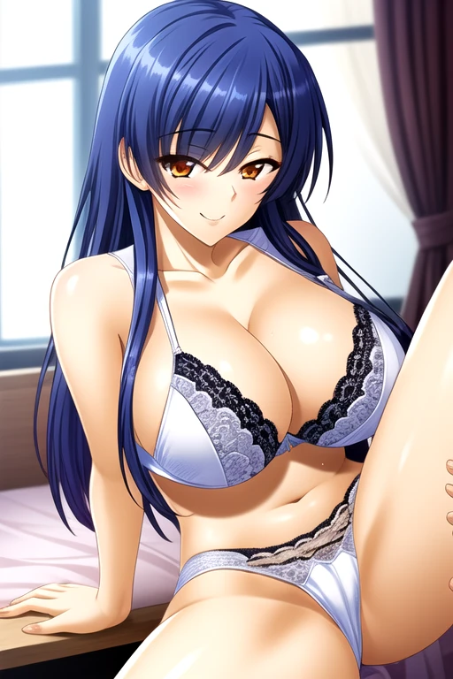 Blue Hair, Orange eyes, (masterpiece:1.2), best quality, Game CG,High_detailed,extremely_detailed_CG_Unity_8k_wallpaper,illustration,High resolution,absurd,view, curtain, Light Particles, (1 girl), (portrait), (Mature female:1.3),milf, Beautiful fingers,Beautiful long legs,Beautiful Body,Beautiful nose,Beautiful character design, Perfect eyes, Perfect face, Everlasting, Looking at the audience, (Smile:0.8), Long hair, Adjust Hair,,White underwear,white lace,white underwear, white bra, white lingerie