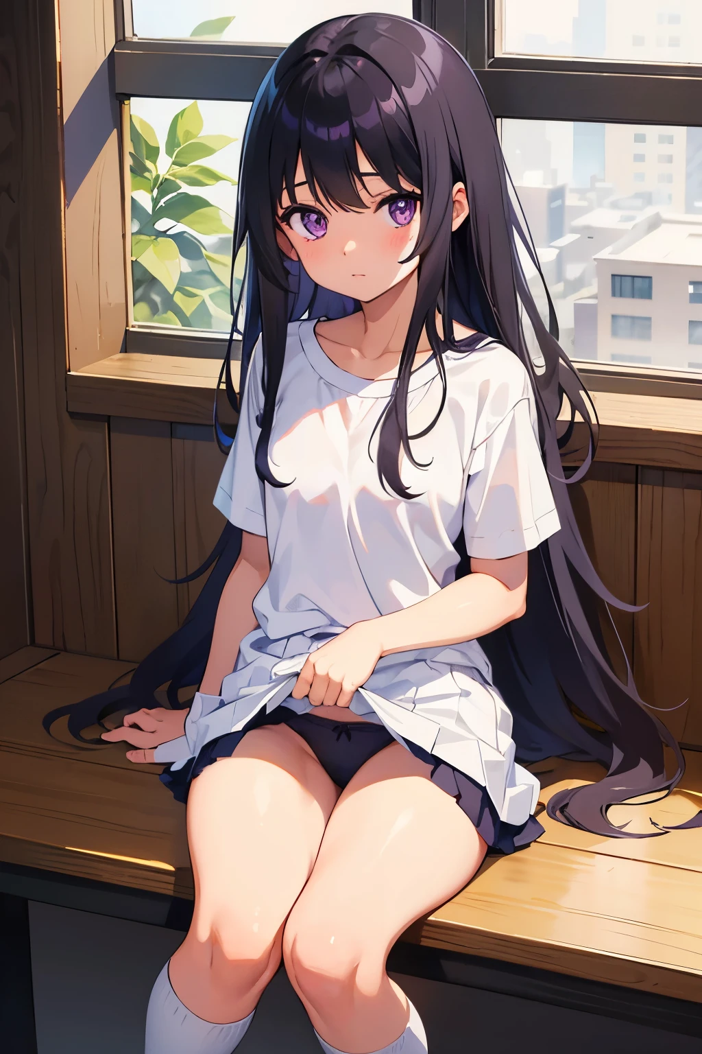 Elementary school girl, Flat chest, black hair, long hair, purple eyes White T-shirt on upper body White panties on lower body((I can see her panties)) White socks Girl's Room Pulling up her skirt Standing Dynamic angle Low angle
