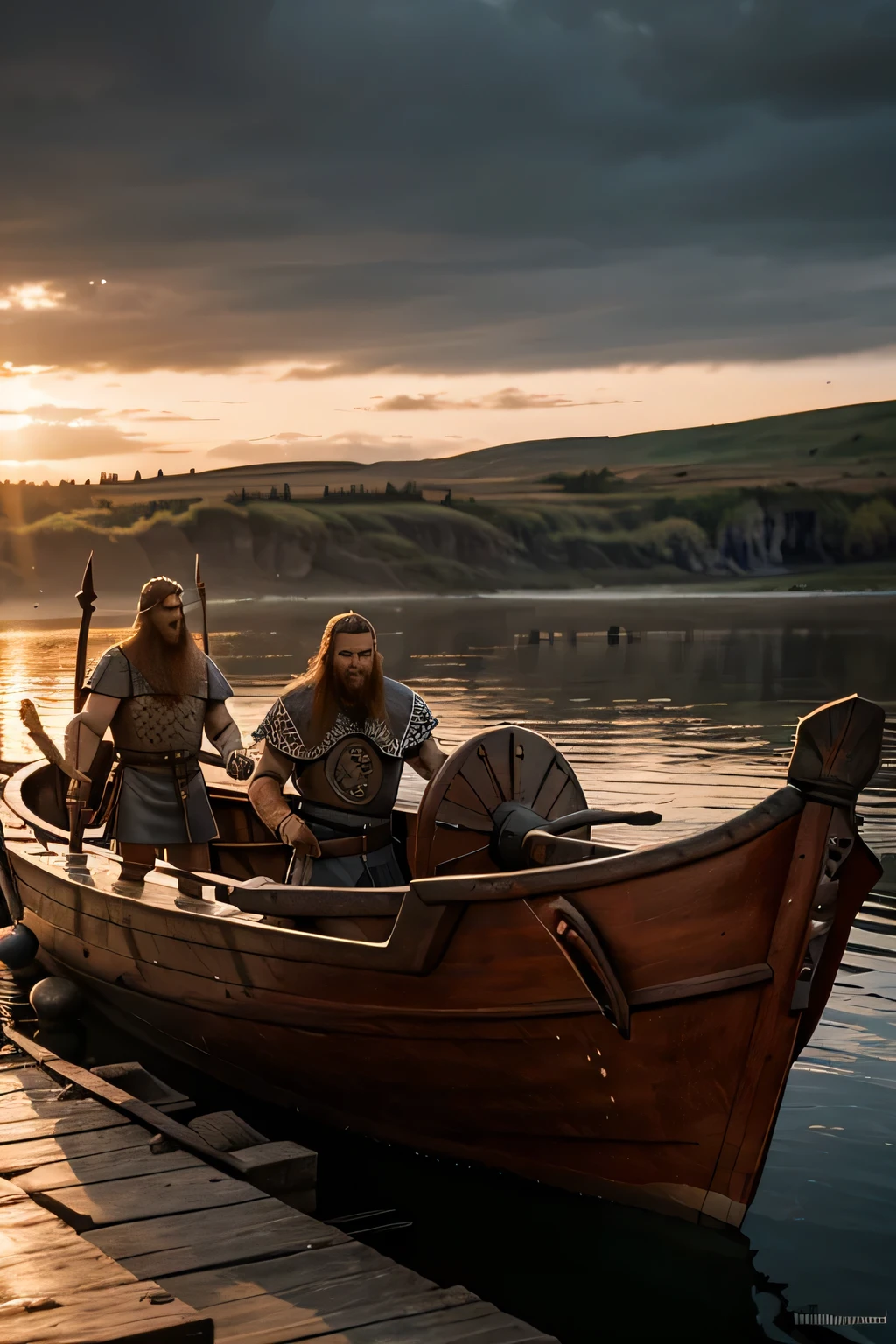 The Viking Erik the Red,warriors,Viking boat,sons saying goodbye,wooden pier,illustration,ultra-detailed,realistic:1.37,HDR,sharp focus,physically-based rendering,professional,vivid colors,portraits,warm color tones,moody lighting