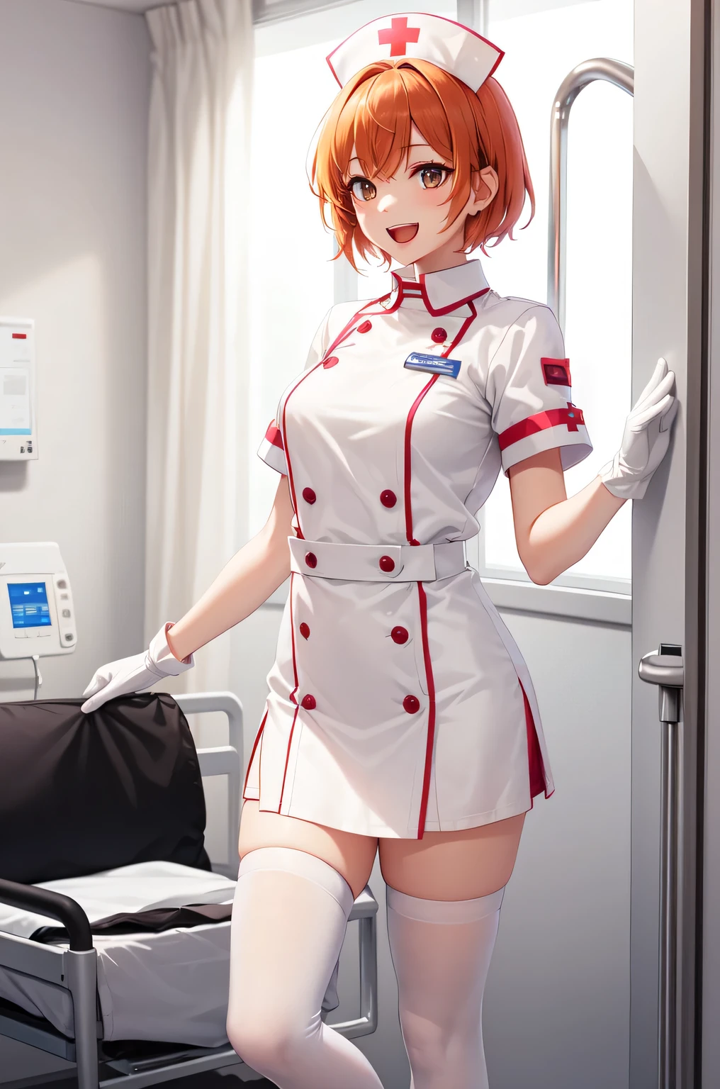 1girl, solo, nurse, nurse cap, white nurse uniform, ((white legwear, zettai ryouiki)), white gloves, very short hair, orange hair, smile, open mouth, standing, ((hospital room)), sharp outline, short sleeves, tomboy, boyish, best quality, masterpiece