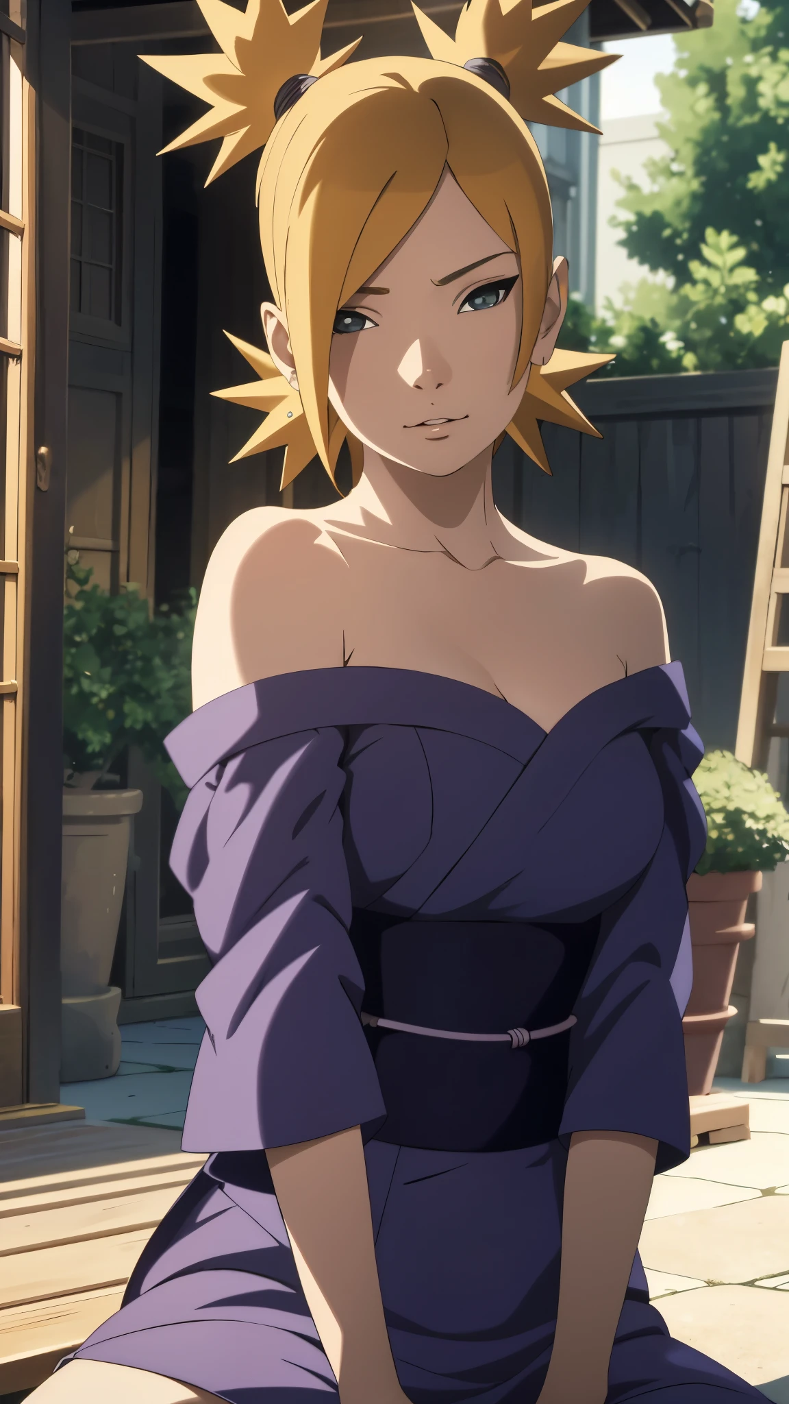 Masterpiece, absurderes , (Intricate details), (Colorful),cleavage，Off-the-shoulder attire，Cinematic lighting,Bust Up Shot,Extremely detailed Cg Unity 8K wallpaper,Temari\(Boruto\), 1girll, Mature female,red kimono,  Sitting, Outdoors,Wind,  view the viewer,ssmile