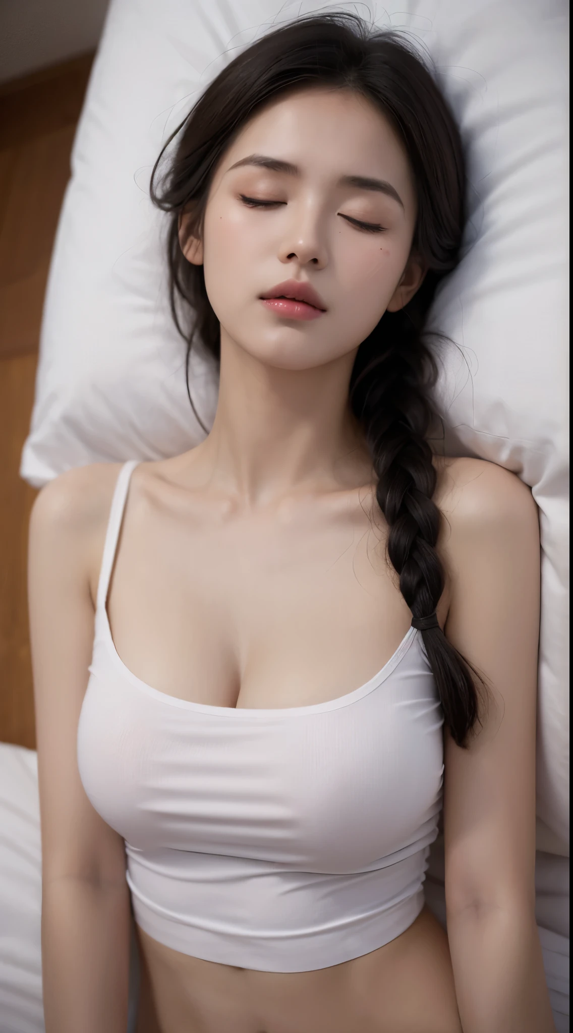 (pencil_sketch:1.2, Messy lines, Grayscale, traditional media, sketch),1 girl black and white,big bed, (Side-lying), (Close your eyes:1.8),Long hair, Side braids, Nipple protrusion,Huge breasts, Oversized white T-shirt, close up, Look, The sun shines on the chest, Beautiful details girl, Clear details, Surrealism, Japanese cartoons, About Art, Ultra HD, Anatomically correct, Super Detail, best quality,(Pink lips),(Red Eyeshadow),