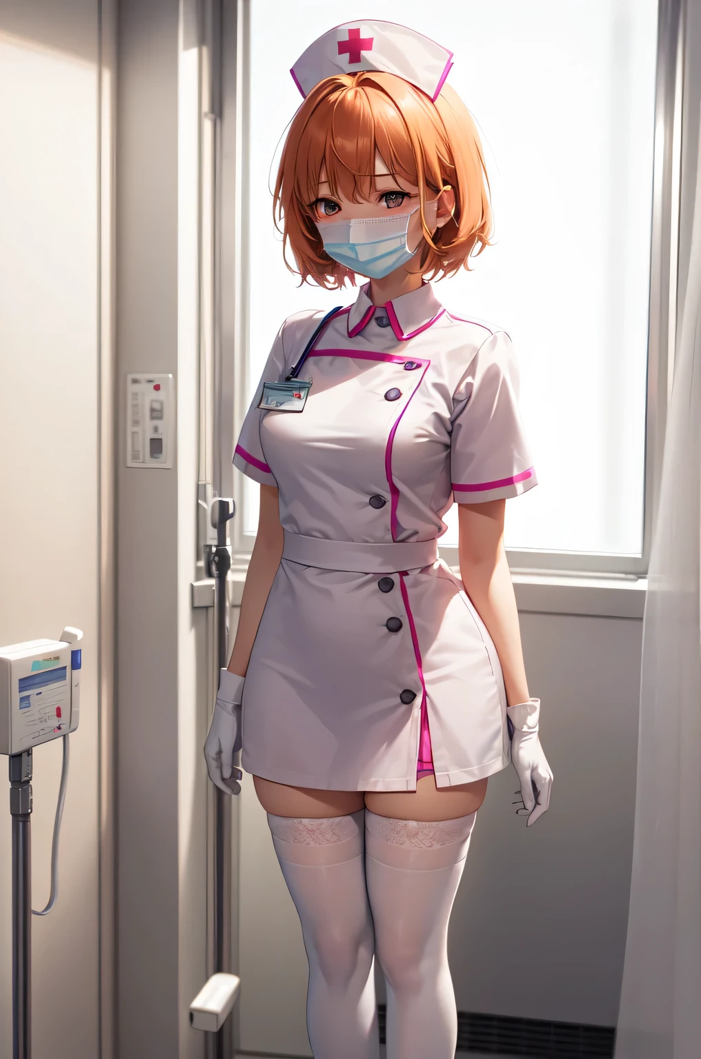 1girl, solo, nurse, nurse cap, white nurse uniform, ((white legwear, zettai ryouiki)), white gloves, very short hair, orange hair, ((white surgical mask, covered nose)), standing, ((hospital room)), sharp outline, short sleeves, tomboy, boyish, best quality, masterpiece