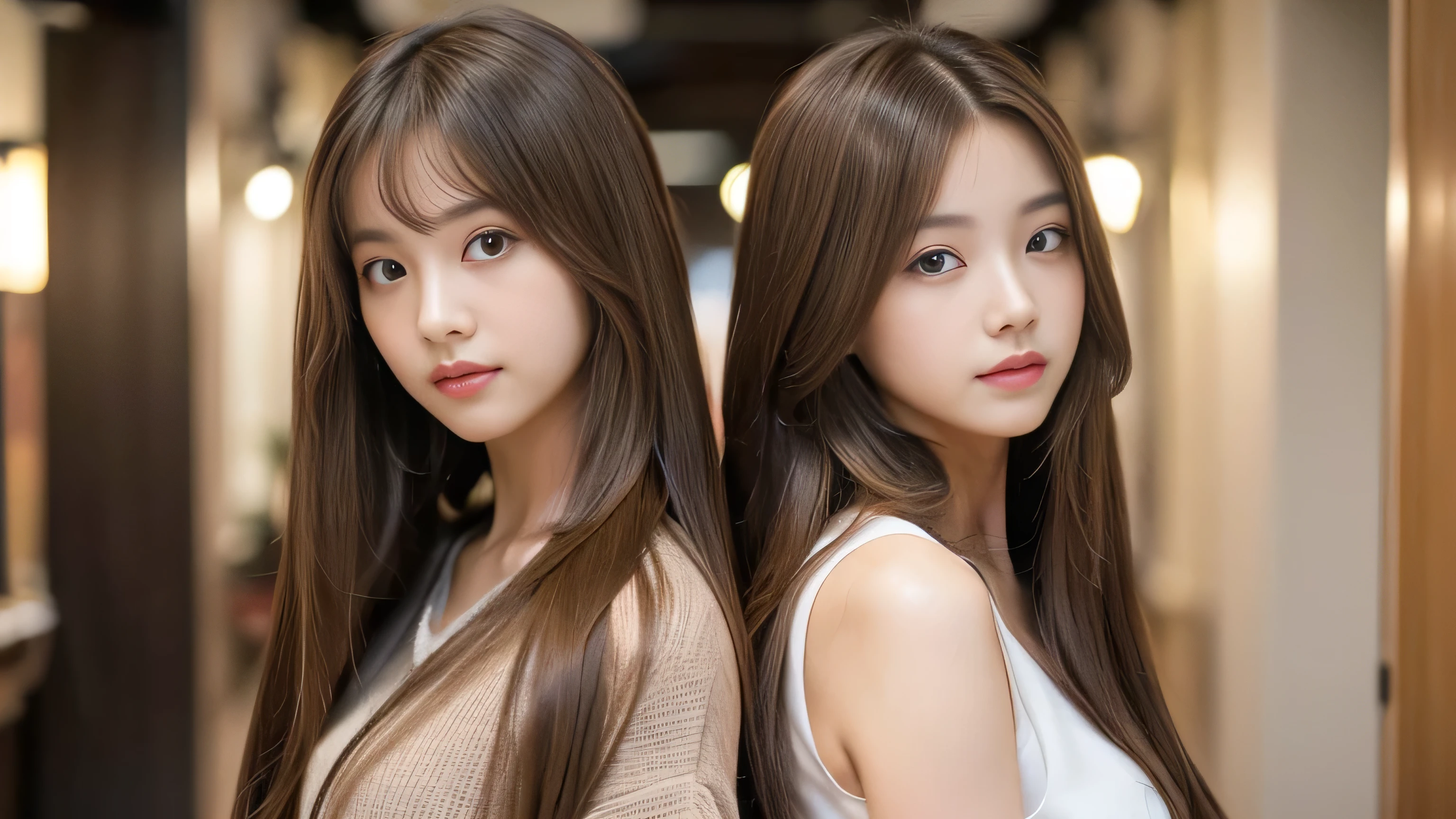(((Identical twins standing happily facing each other　A photo of them standing from the front)))　(3women with length brown hair posing for a picture, thin and shiny hair, Ulzzang, long and straight hair of brown color,, Brown long hair, beautifulgemini portrait, Brown long hair, beautifulgemini, length Hair, Smooth Hair, Flowing brown hair, With the same hairstyle, length, Flat Hair, length brown hair, Attractive long hair, Beautiful brown hair　Two women with long brown hair posing for a photograph, Digital Art inspired by Wang Duo, tumbler, Digital Art, thin and shiny hair, Ulzzang, long and straight hair of brown color,, Brown long hair, beautifulgemini portrait, Brown long hair, beautifulgemini, length Hair, Smooth Hair, Flowing brown hair, With the same hairstyle, length, Flat Hair)　((both sides Random poses showing as much back and hair as possible:1.8))　((Both sides Beautiful 24 year old hair model with long black hair, girl with super Very long hair that reaches down to the ankles, extremely Very long hair that reaches down to the ankles, Very long hair that reaches down to the ankles,Very long hair that reaches down to the ankles , Flowing Hair, very Very long hair that reaches down to the ankles, Very long hair that reaches down to the anklesgirl,Very long hair that reaches down to the ankles , flowing light brown hair, length Hair windy, Very long light brown hair, flowing light brown hair,Incredibly straight long-lasting hair, Abnormally long髪!!!!　Her highest quality!!!! hair is long and straight., very long light brown hair that reaches down to the ankles, highest quality light brown hair , , Highest quality long straightなVery long hair that reaches down to the ankles　straight, beautiful, High quality hair, Very long hair that reaches down to the ankles and highest quality straight light brown hair, straight, highest quality light brown hair, Perfect silky straight hair of the highest quality, straight, highest quality light brown hair , lengthLight brown hair straight hair, length, Thick and voluminous light brown hair　Her hair is long and straight, Very long light brown hair, Abnormally long、or very long light brown hair, very long, straight, Light brown hair that reaches down to her ankles, Abnormally very long straight, beautiful hair of the highest quality, length Hair, length, straight light brown hair ,Extraordinarily very long light brown hair that lasts forever and free straight light brown hair , straight light brown hair))　(Both sides bangs are perfect.:1.3)　(Japan&#39;s most sexy and beautiful 24-year-old beauty model)　(Both sides They look at the viewer with a very captivating expression...)　((highest quality)), ((masterpiece)), (Familiar)　(Get used to it)　Perfect Face　(both sidesHer skin is a typical Japanese skin color.　And very detailed)　(Both SidesBig Tits:1.3)　(both sides　She is wearing a beautiful shiny white camisole.)　(both sides　She has a beautiful face and a typical Japanese figure...., Narrow eyes)　(both sides　She has perfect beautiful and sexy makeup and face　Lipstick is light red　A solid eyeliner)　((Rich 1.4))　(Very detailed)