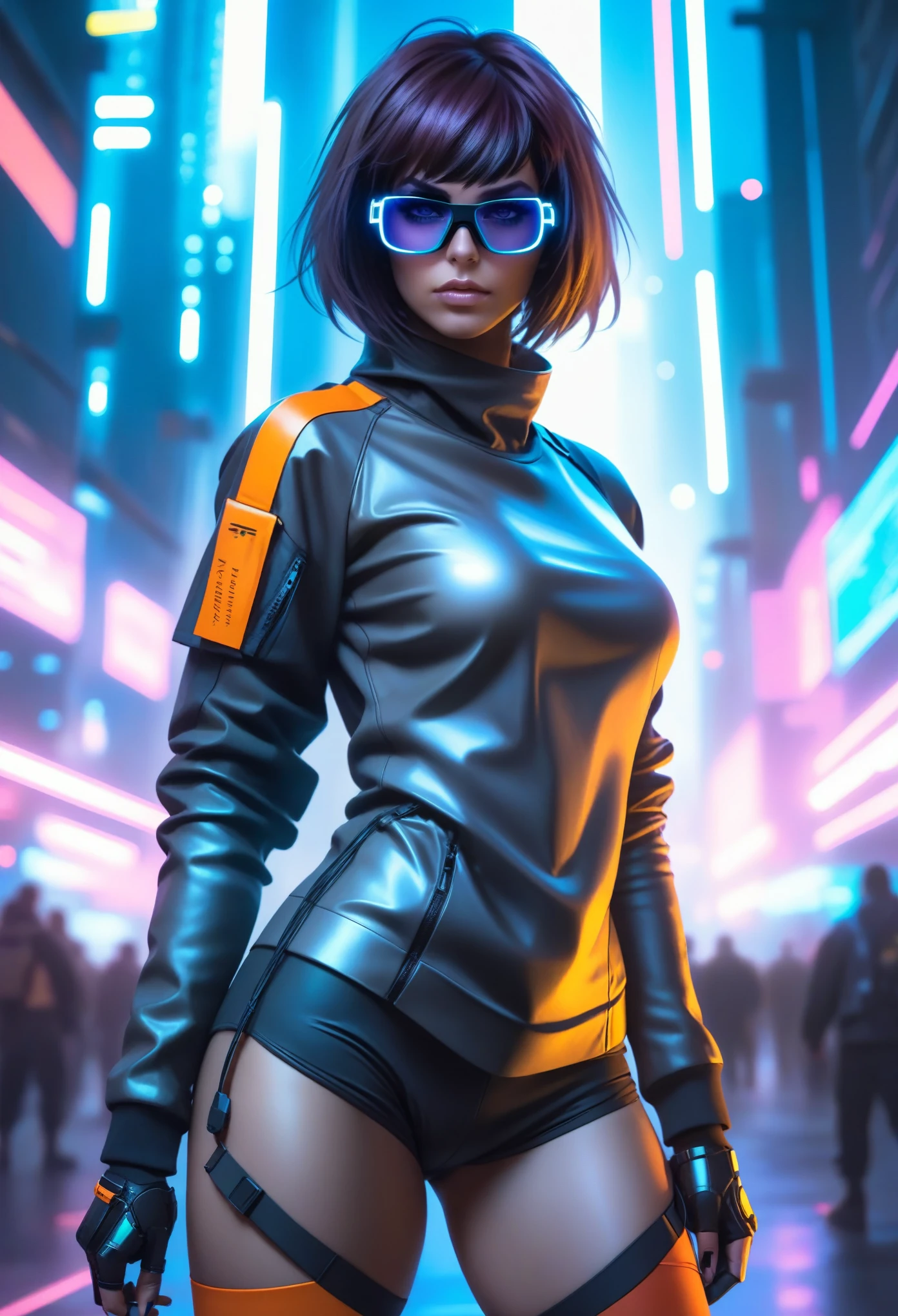 Techwear fashion in the style of artgerm, Cyberpunk Style, 1woman, Velma, cyberpunk clothing, female focus, city,cyberpunk background, robot, science fiction, solo, full body, wires and cables, . Futuristic, cyberpunk, urban, tactical, sleek, dark, highly detailed  