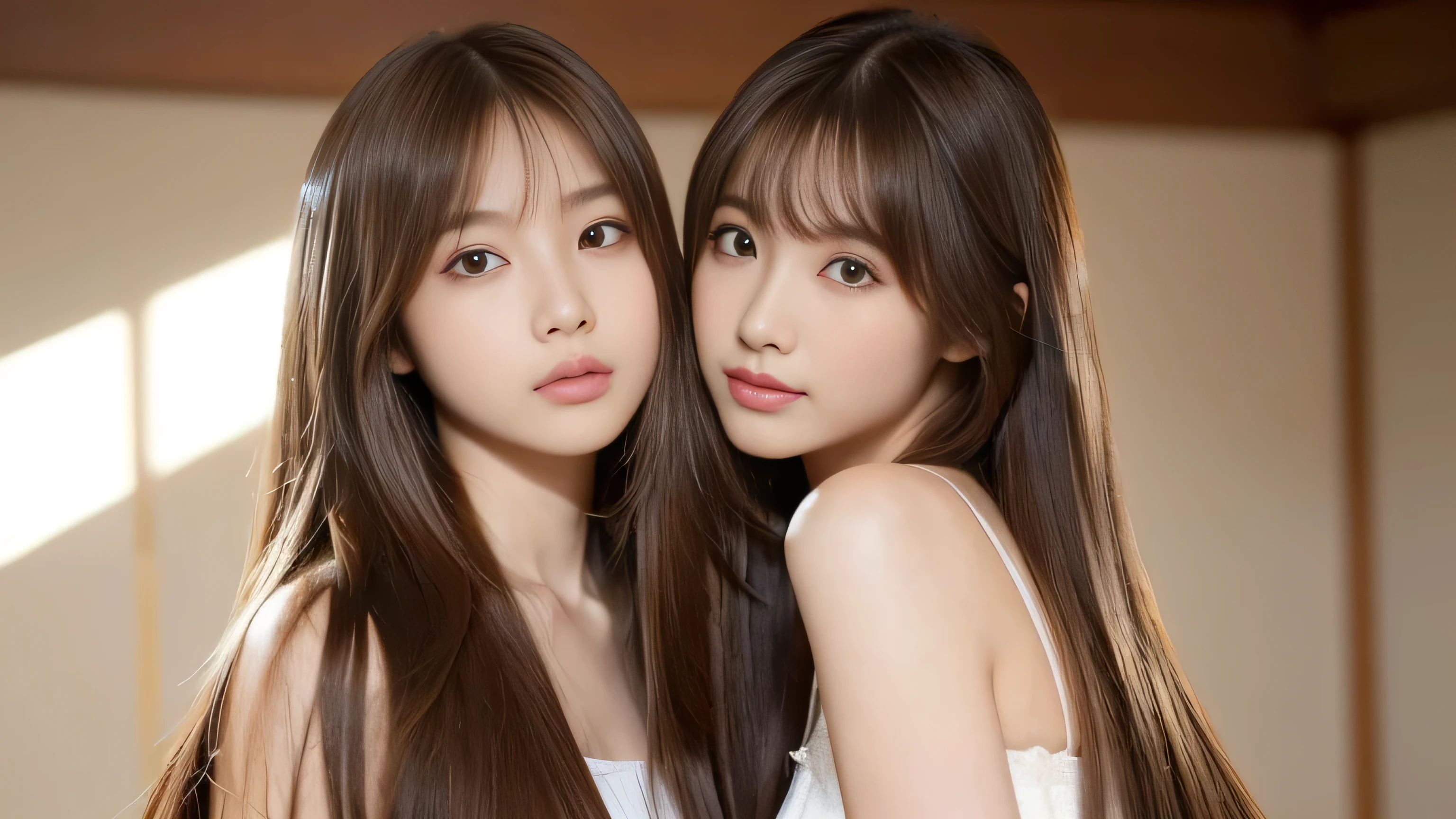 (((Identical twins standing happily facing each other　A photo of them standing from the front)))　(3women with length brown hair posing for a picture, thin and shiny hair, Ulzzang, long and straight hair of brown color,, Brown long hair, beautifulgemini portrait, Brown long hair, beautifulgemini, length Hair, Smooth Hair, Flowing brown hair, With the same hairstyle, length, Flat Hair, length brown hair, Attractive long hair, Beautiful brown hair　Two women with long brown hair posing for a photograph, Digital Art inspired by Wang Duo, tumbler, Digital Art, thin and shiny hair, Ulzzang, long and straight hair of brown color,, Brown long hair, beautifulgemini portrait, Brown long hair, beautifulgemini, length Hair, Smooth Hair, Flowing brown hair, With the same hairstyle, length, Flat Hair)　((both sides Random poses showing as much back and hair as possible:1.8))　((Both sides Beautiful 24 year old hair model with long black hair, girl with super Very long hair that reaches down to the ankles, extremely Very long hair that reaches down to the ankles, Very long hair that reaches down to the ankles,Very long hair that reaches down to the ankles , Flowing Hair, very Very long hair that reaches down to the ankles, Very long hair that reaches down to the anklesgirl,Very long hair that reaches down to the ankles , flowing light brown hair, length Hair windy, Very long light brown hair, flowing light brown hair,Incredibly straight long-lasting hair, Abnormally long髪!!!!　Her highest quality!!!! hair is long and straight., very long light brown hair that reaches down to the ankles, highest quality light brown hair , , Highest quality long straightなVery long hair that reaches down to the ankles　straight, beautiful, High quality hair, Very long hair that reaches down to the ankles and highest quality straight light brown hair, straight, highest quality light brown hair, Perfect silky straight hair of the highest quality, straight, highest quality light brown hair , lengthLight brown hair straight hair, length, Thick and voluminous light brown hair　Her hair is long and straight, Very long light brown hair, Abnormally long、or very long light brown hair, very long, straight, Light brown hair that reaches down to her ankles, Abnormally very long straight, beautiful hair of the highest quality, length Hair, length, straight light brown hair ,Extraordinarily very long light brown hair that lasts forever and free straight light brown hair , straight light brown hair))　(Both sides bangs are perfect.:1.3)　(Japan&#39;s most sexy and beautiful 24-year-old beauty model)　(Both sides They look at the viewer with a very captivating expression...)　((highest quality)), ((masterpiece)), (Familiar)　(Get used to it)　Perfect Face　(both sidesHer skin is a typical Japanese skin color.　And very detailed)　(Both SidesBig Tits:1.3)　(both sides　She is wearing a beautiful shiny white camisole.)　(both sides　She has a beautiful face and a typical Japanese figure...., Narrow eyes)　(both sides　She has perfect beautiful and sexy makeup and face　Lipstick is light red　A solid eyeliner)　((Rich 1.4))　(Very detailed)