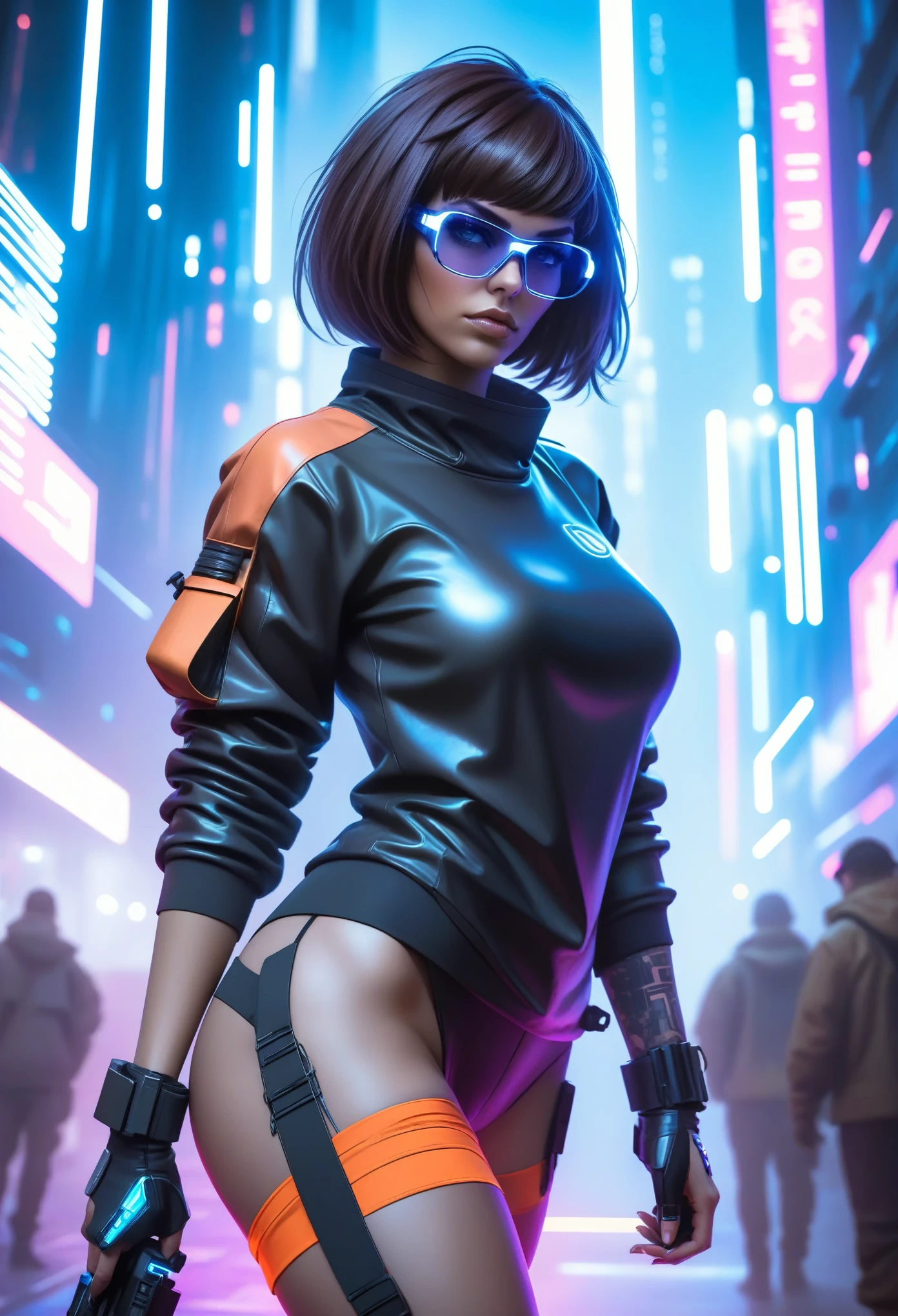 Techwear fashion in the style of artgerm, Cyberpunk Style, 1woman, Velma, cyberpunk clothing, female focus, city,cyberpunk background, robot, science fiction, solo, full body, wires and cables, . Futuristic, cyberpunk, urban, tactical, sleek, dark, highly detailed  