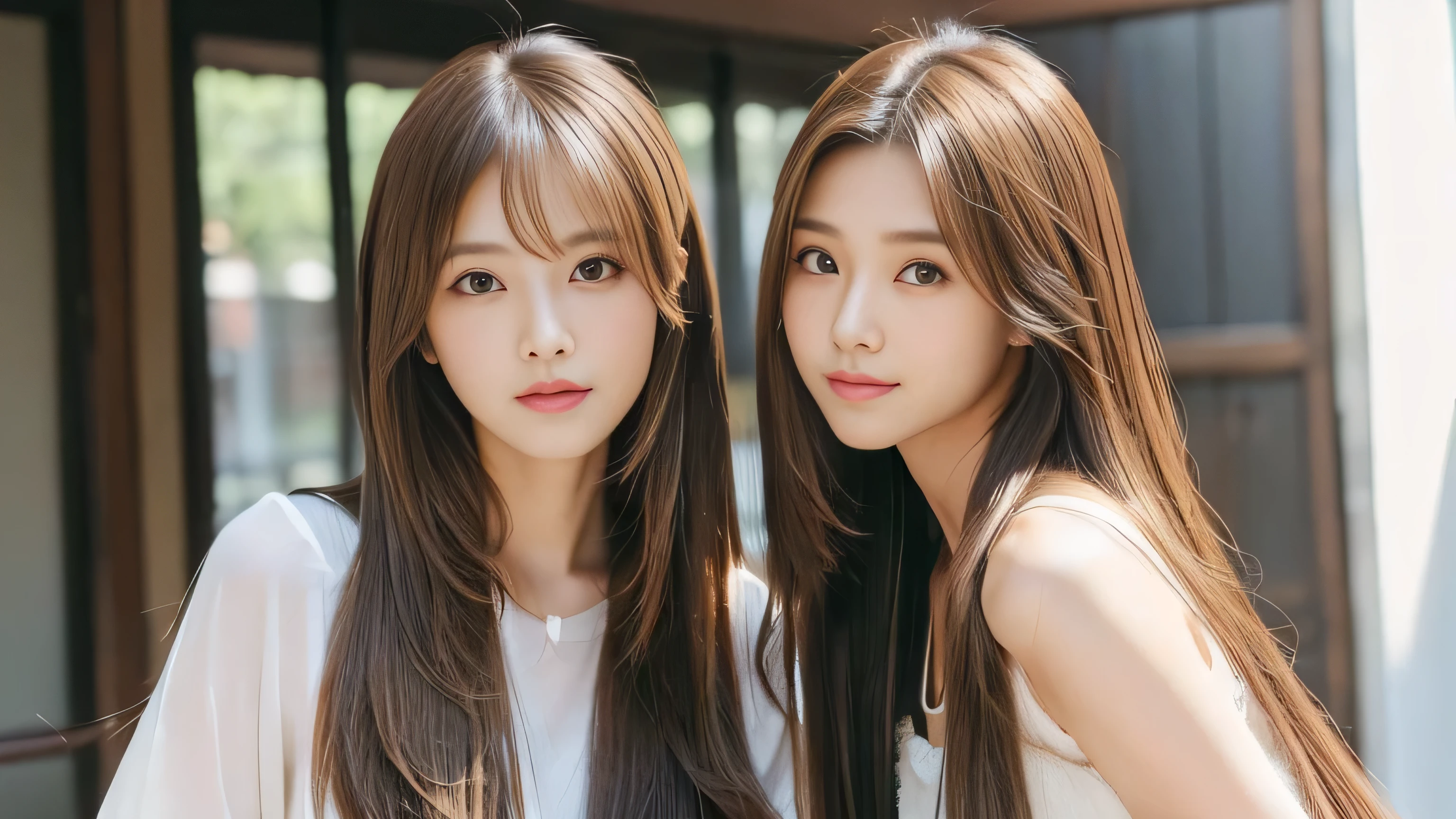 (((Identical twins standing happily facing each other　A photo of them standing from the front)))　(3women with length brown hair posing for a picture, thin and shiny hair, Ulzzang, long and straight hair of brown color,, Brown long hair, beautifulgemini portrait, Brown long hair, beautifulgemini, length Hair, Smooth Hair, Flowing brown hair, With the same hairstyle, length, Flat Hair, length brown hair, Attractive long hair, Beautiful brown hair　Two women with long brown hair posing for a photograph, Digital Art inspired by Wang Duo, tumbler, Digital Art, thin and shiny hair, Ulzzang, long and straight hair of brown color,, Brown long hair, beautifulgemini portrait, Brown long hair, beautifulgemini, length Hair, Smooth Hair, Flowing brown hair, With the same hairstyle, length, Flat Hair)　((both sides Random poses showing as much back and hair as possible:1.8))　((Both sides Beautiful 24 year old hair model with long black hair, girl with super Very long hair that reaches down to the ankles, extremely Very long hair that reaches down to the ankles, Very long hair that reaches down to the ankles,Very long hair that reaches down to the ankles , Flowing Hair, very Very long hair that reaches down to the ankles, Very long hair that reaches down to the anklesgirl,Very long hair that reaches down to the ankles , flowing light brown hair, length Hair windy, Very long light brown hair, flowing light brown hair,Incredibly straight long-lasting hair, Abnormally long髪!!!!　Her highest quality!!!! hair is long and straight., very long light brown hair that reaches down to the ankles, highest quality light brown hair , , Highest quality long straightなVery long hair that reaches down to the ankles　straight, beautiful, High quality hair, Very long hair that reaches down to the ankles and highest quality straight light brown hair, straight, highest quality light brown hair, Perfect silky straight hair of the highest quality, straight, highest quality light brown hair , lengthLight brown hair straight hair, length, Thick and voluminous light brown hair　Her hair is long and straight, Very long light brown hair, Abnormally long、or very long light brown hair, very long, straight, Light brown hair that reaches down to her ankles, Abnormally very long straight, beautiful hair of the highest quality, length Hair, length, straight light brown hair ,Extraordinarily very long light brown hair that lasts forever and free straight light brown hair , straight light brown hair))　(Both sides bangs are perfect.:1.3)　(Japan&#39;s most sexy and beautiful 24-year-old beauty model)　(Both sides They look at the viewer with a very captivating expression...)　((highest quality)), ((masterpiece)), (Familiar)　(Get used to it)　Perfect Face　(both sidesHer skin is a typical Japanese skin color.　And very detailed)　(Both SidesBig Tits:1.3)　(both sides　She is wearing a beautiful shiny white camisole.)　(both sides　She has a beautiful face and a typical Japanese figure...., Narrow eyes)　(both sides　She has perfect beautiful and sexy makeup and face　Lipstick is light red　A solid eyeliner)　((Rich 1.4))　(Very detailed)