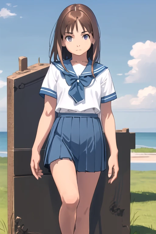 1girl, solo, standing upright, hands down, (from front:2), medium brown hair,  closed mouth, small breasts, flat chest, arms behind back, sea-blue skirt, pleated skirt, blue sky,