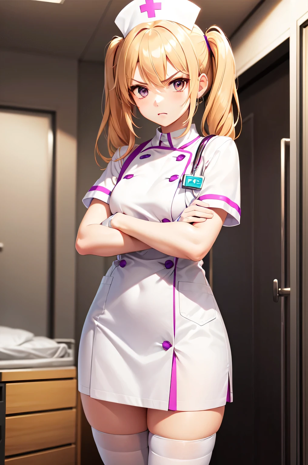 1girl, solo, nurse, nurse cap, white nurse uniform, ((white legwear, zettai ryouiki)), white gloves, twintails, yellow hair, purple eyes, angry, crossed arms, standing, ((hospital room)), sharp outline, short sleeves, best quality, masterpiece