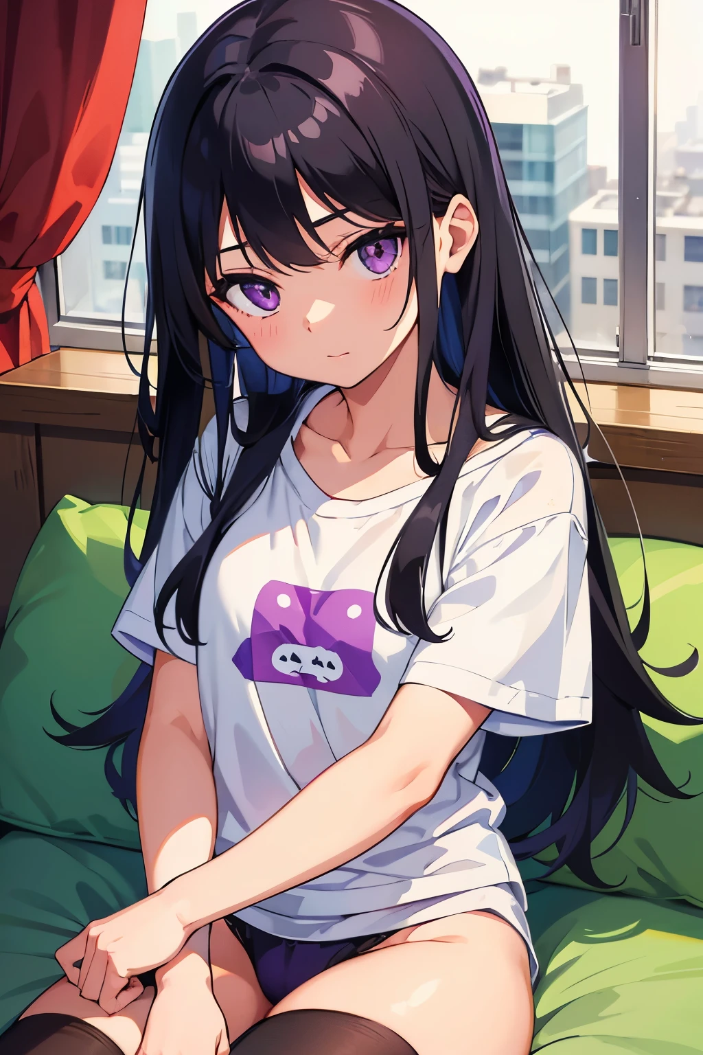 , 8 years old　Flat chestr, long hair, purple eyes　White T-shirt on upper body　White panties on lower body（（I can see her panties）） White socks　Girl&#39;s Room　Pulling up her skirt　Standing Dynamic angle Low angle