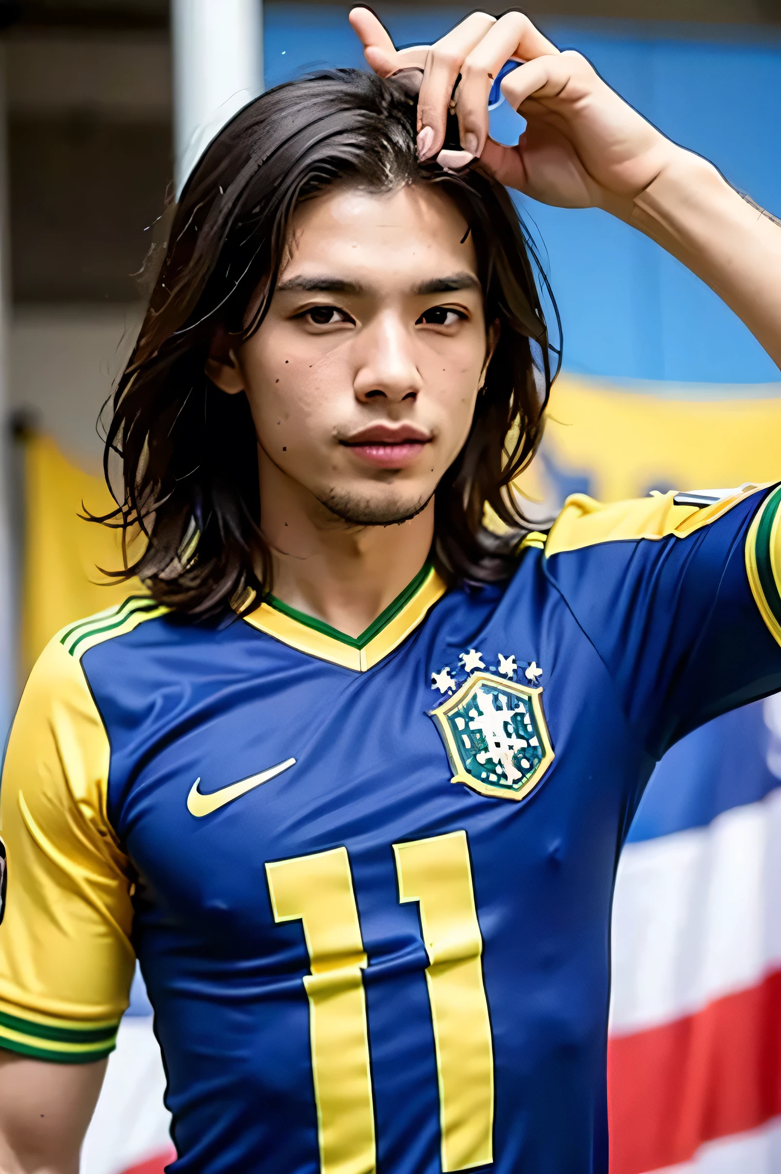 A Brazilian male fan wearing the Brazilian national football team&#39;s shirt in front of a giant football stadium


