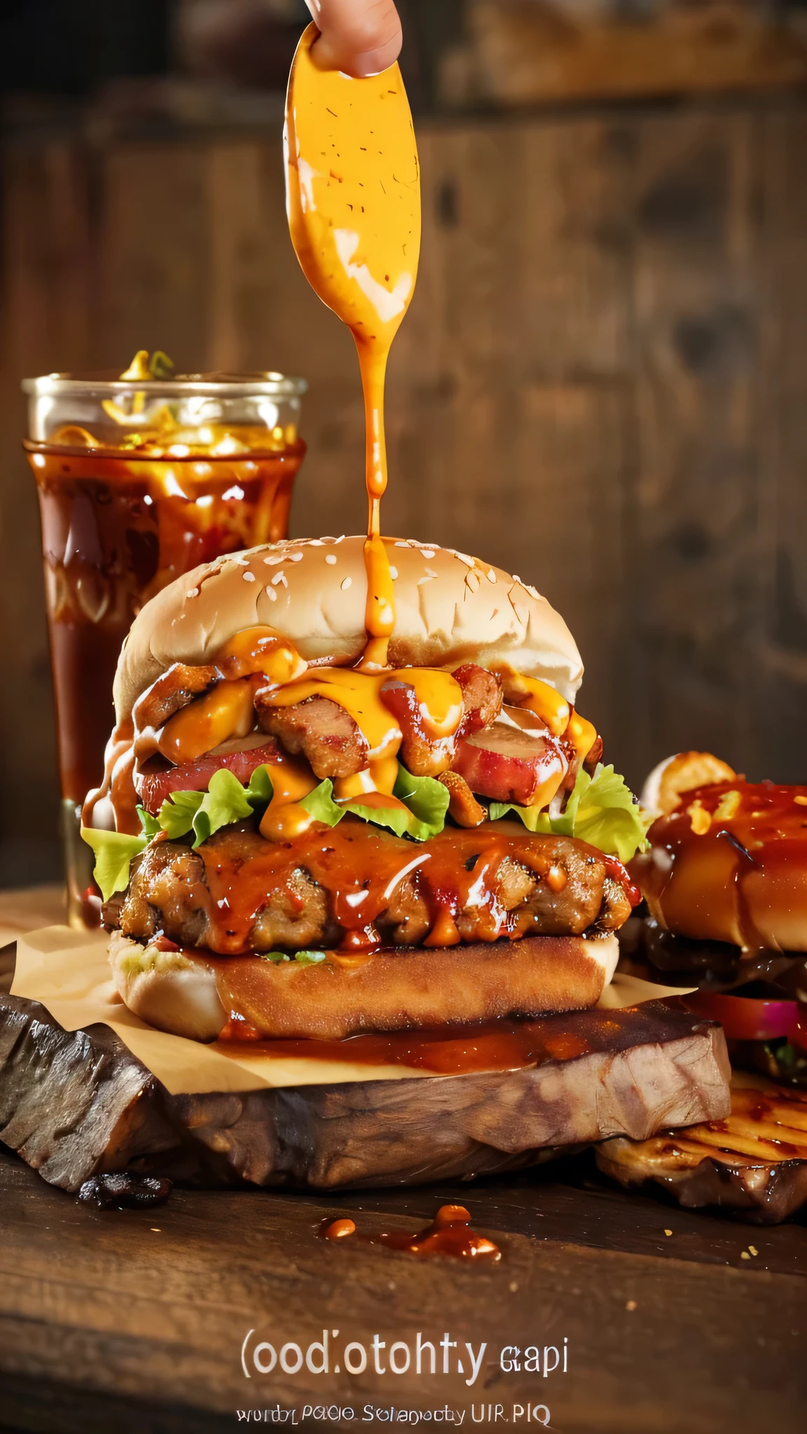 Alafia sandwich with sauce, ❤🔥🍄🌪, dripping bbq sauce, professional food photography, Tentacles wrapped around burger, high quality food photography, chicken sandwich, Food 4k, Eight times 8k, hd food photography, sloppy, Hyper-realistic food pictures, Detailed hot belly, food photography, 4k food photography