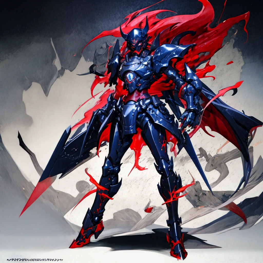 (((Detailed)))(((cool)))Evil eyes, cool guy with full body armour, red blue liquid from the armour cracks, armour resembles samurai armour but more darker, blue red white armour, shadow power, black glowing sword, double sword in the hips, cool stance, detailed armour lines, ninja gas mask. 