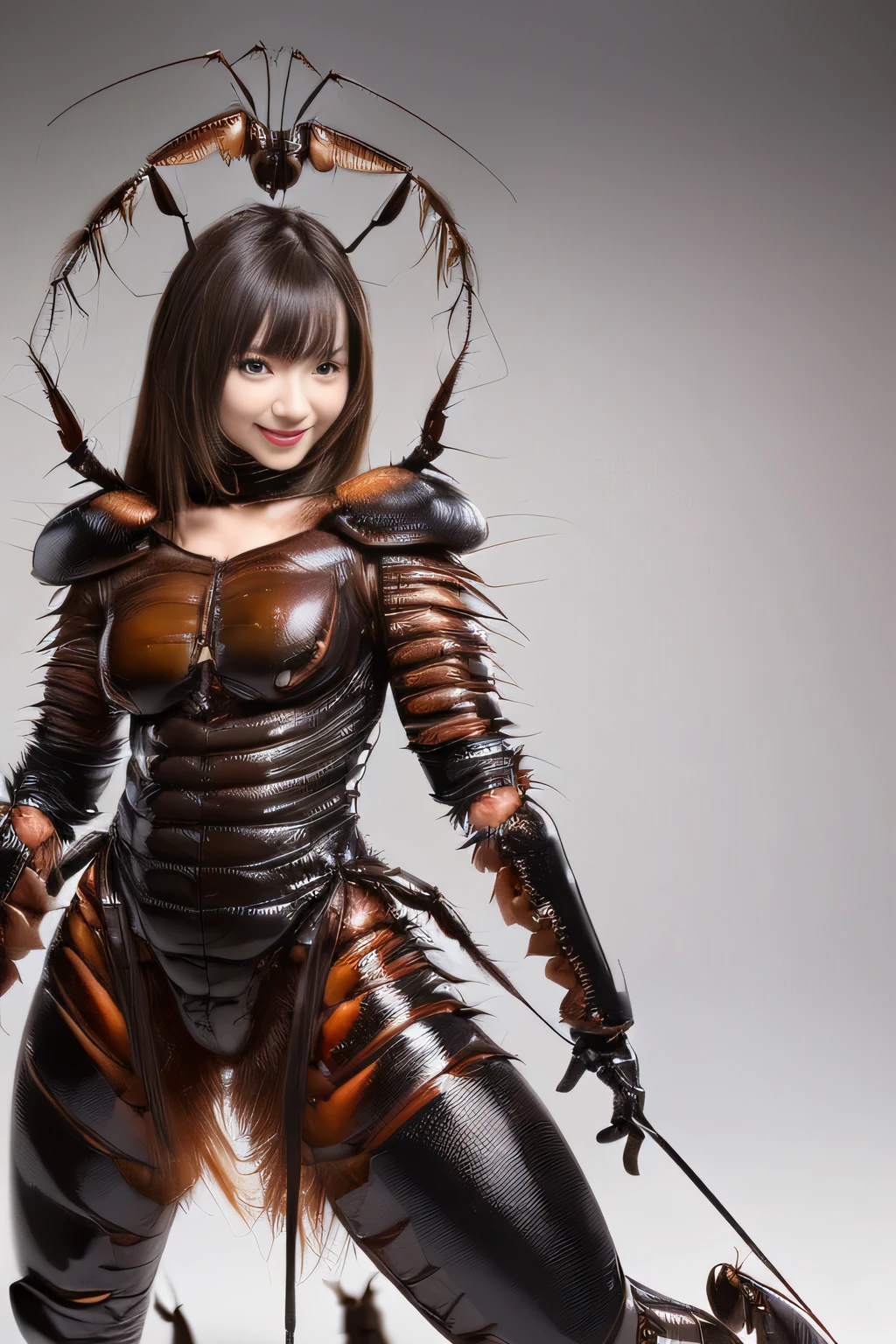 (high resolution,masterpiece,best quality,extremely detailed CG, anime, official art:1.4), realistic, photo, amazing fine details, all intricate, gloss and shiny,awesome many layers, 8k wall paper, 3d, sketch, kawaii, illustration,( solo:1.4), perfect female proportion,villainess, (fusion of dark brown cockroach and lady:1.4), (brown cockroach form lady:1.2), (brown cockroach lady:1.2), (fusion:1.2), (solo:1.4), (evil smile:1.2), muscular, abs, (cockroach brown exoskeleton bio insect suit:1.4), (cockroach brown exoskeleton bio insect armor:1.2), (brown transparency cockroach wing:1.4), (brown cockroach antennae:1.3),