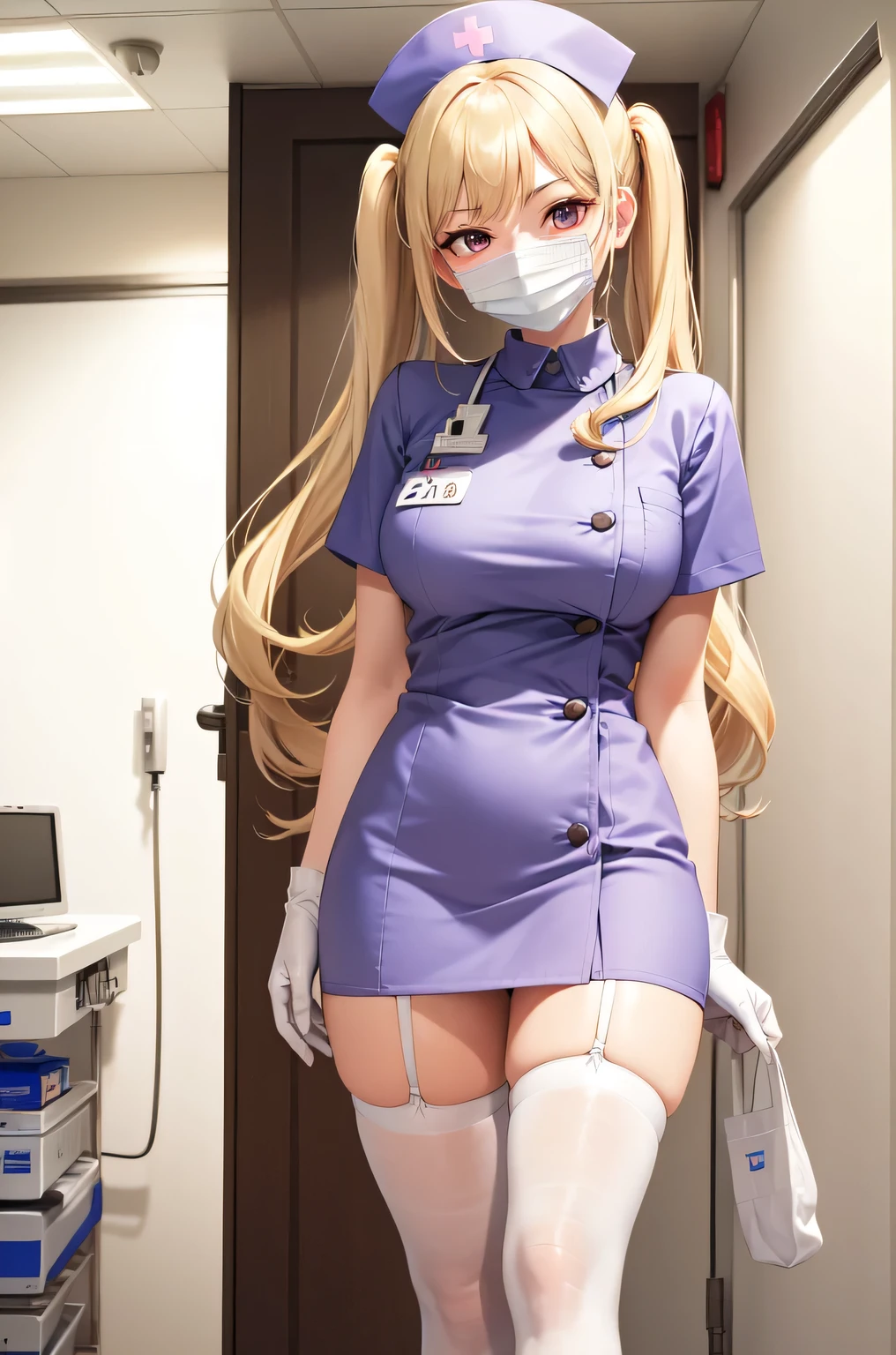 1girl, solo, nurse, nurse cap, white nurse uniform, ((white legwear, zettai ryouiki)), white gloves, twintails, yellow hair, purple eyes, ((white surgical mask, covered nose)), standing, ((hospital room)), sharp outline, short sleeves, best quality, masterpiece