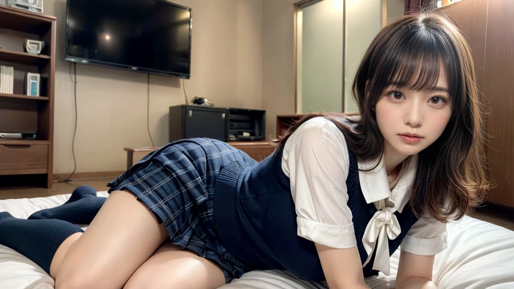 muste piece, best quality, illustration, Super detailed, fine details, High resolution, 8K,wall paper, perfect dynamic composition,(Details High quality, realistic depiction of eyes:1.3), lie on bed, short hair, (wavy hair:1.2), High School Classroom、High school girl uniform、Super Short Check Uniform Skirt、Navy blue high socks、garterbelts、Colossal tits、Disturbed uniform, huge breasts, black hair color, Big Natural Color Lip, bold sexy pose, crying a little、cold gaze, Harajuku style、20 year old girl、cute type、lolita、beautiful legs, hotel room, full body photo、focus on crotch, hposing Gravure Idol, Sexy shot, make up, Curve